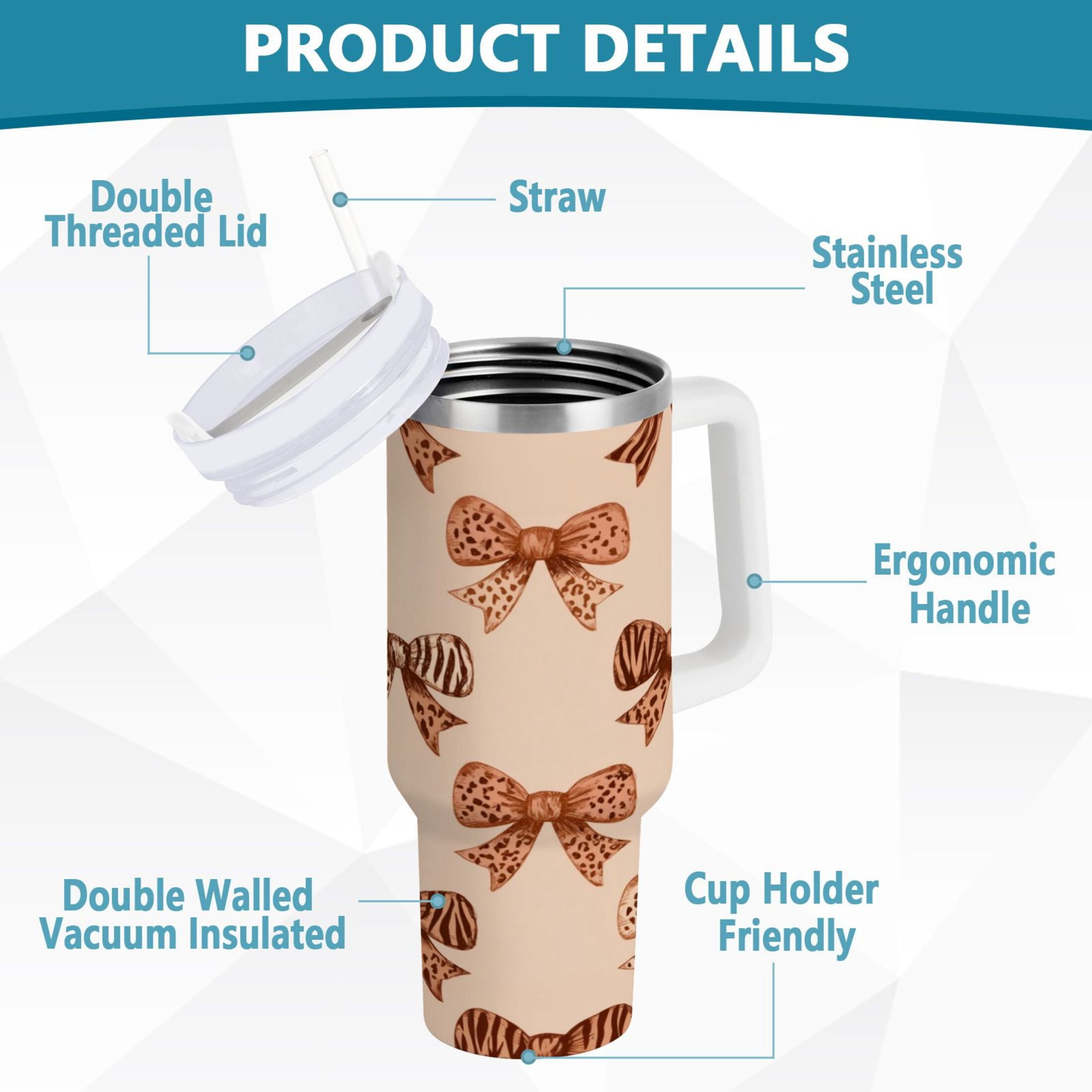 40 oz Insulated Stainless Steel Tumbler Double Wall Stainless Steel Tumbler with 2-Way Drinking Leopard Print Bow - Pick 924