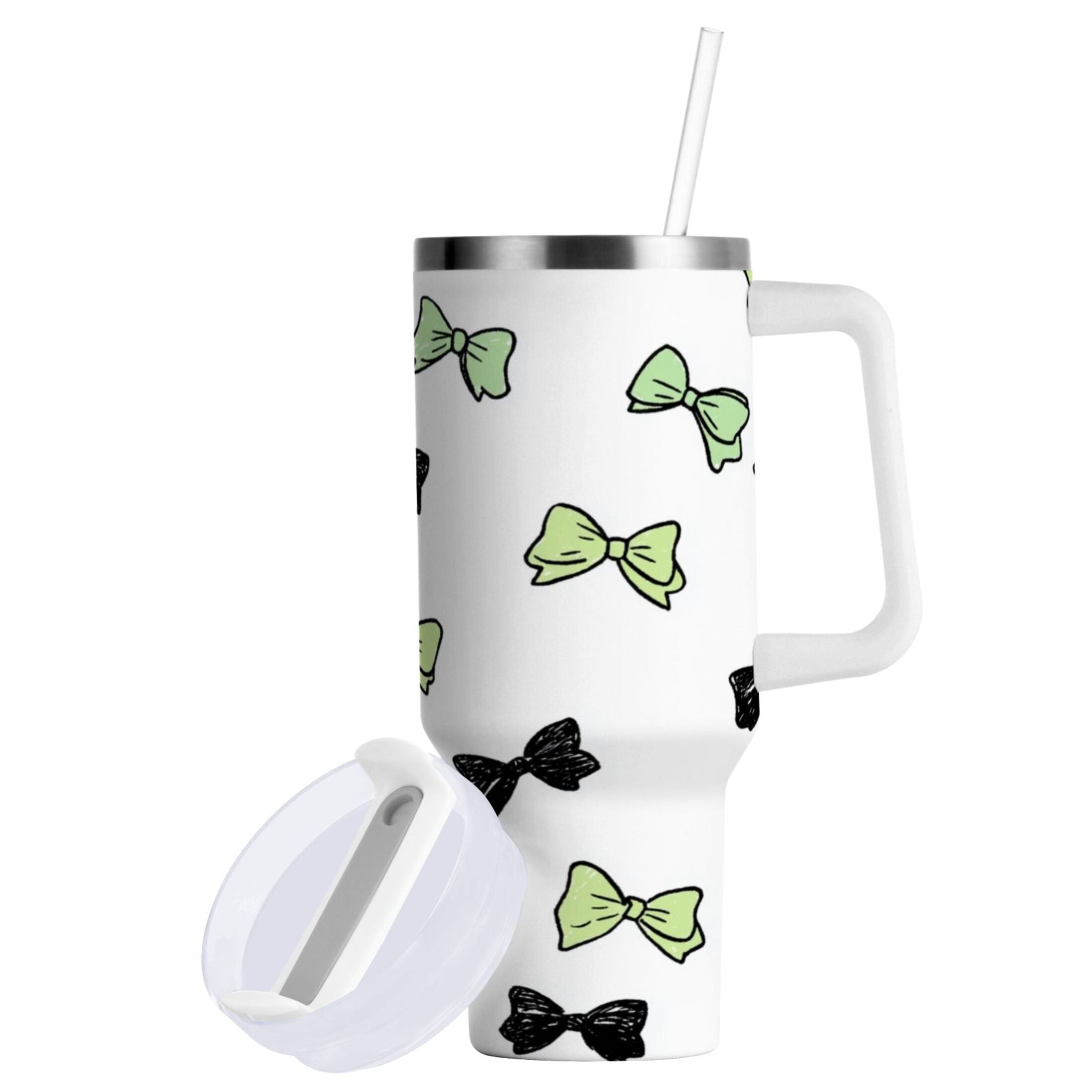 40 oz Insulated Stainless Steel Tumbler Double Wall Stainless Steel Tumbler with 2-Way Drinking Green and Black Bows - Pick 507