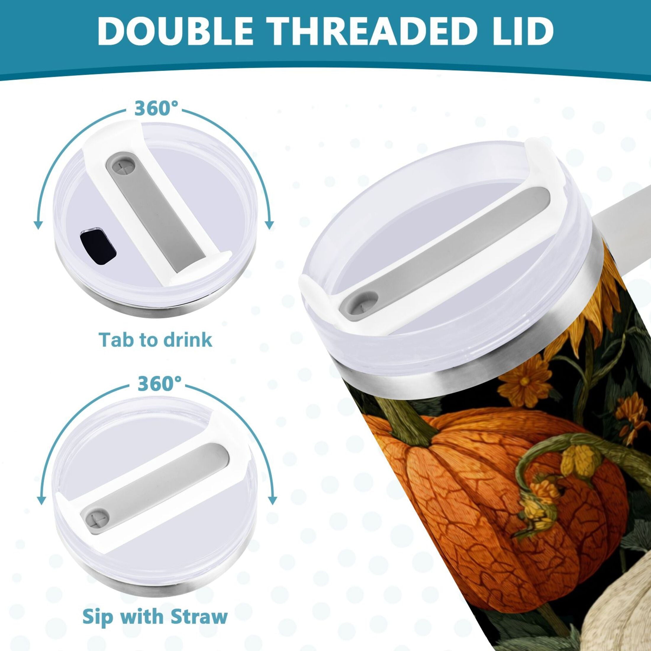 40 oz Insulated Stainless Steel Tumbler Double Wall Stainless Steel Tumbler with 2-Way Drinking Pumpkins and Sunflowers Pattern - Pick 154
