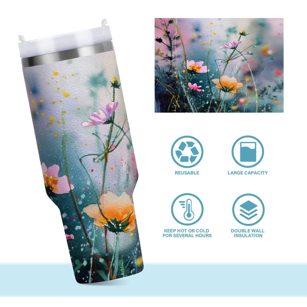 40 oz Insulated Stainless Steel Tumbler Double Wall Stainless Steel Tumbler with 2-Way Drinking Abstract Wildflowers - Pick 724