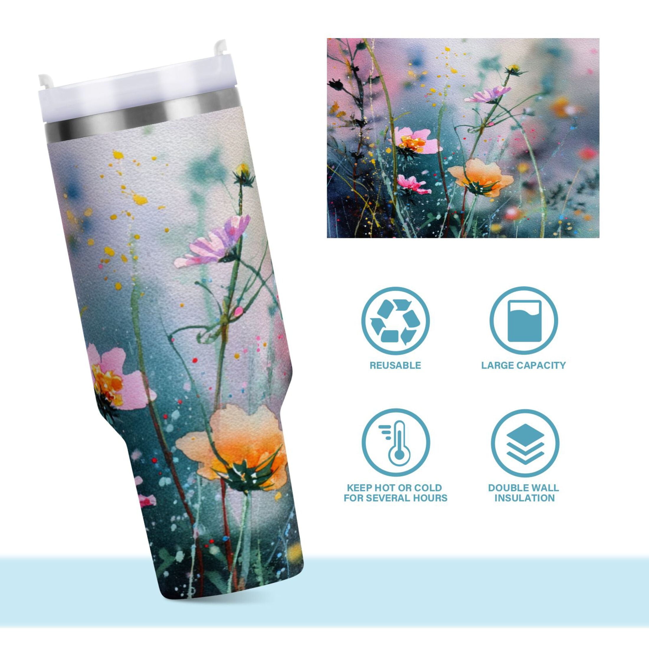 40 oz Insulated Stainless Steel Tumbler Double Wall Stainless Steel Tumbler with 2-Way Drinking Abstract Wildflowers - Pick 724