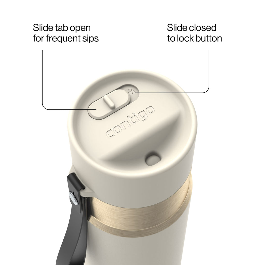 Contigo AutoSeal Leakproof Stainless Steel Reusable Water Bottle Tumbler with Carrying Strap, Cream/Champagne, 24 oz - Pick 698