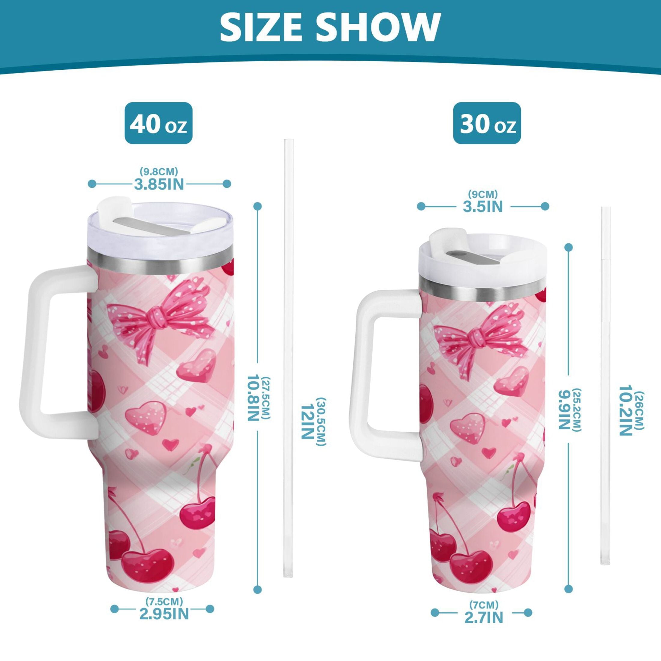 30 oz Insulated Stainless Steel Tumbler Double Wall Stainless Steel Tumbler with 2-Way Drinking Cherry and Pink Bow Pattern - Pick 760