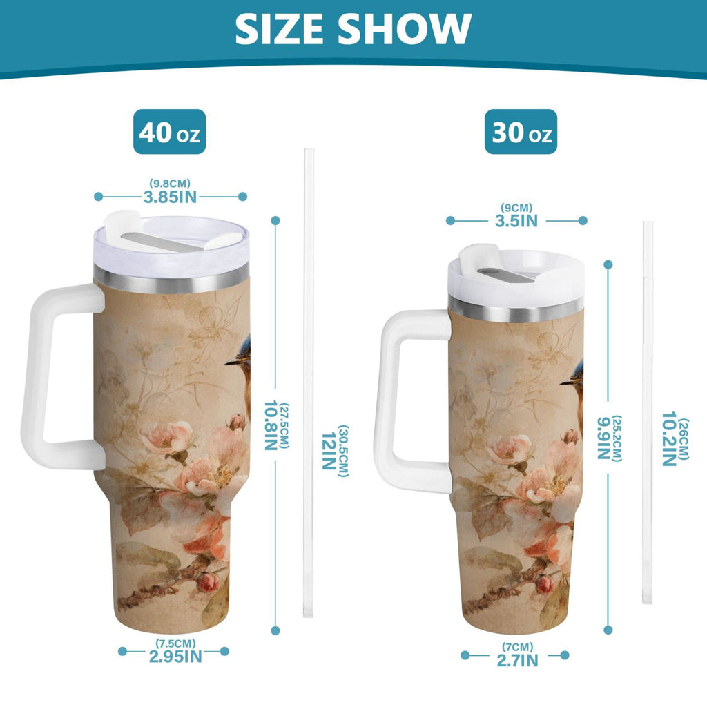 40 oz Insulated Stainless Steel Tumbler Double Wall Stainless Steel Tumbler with 2-Way Drinking Bluebird and Ancient Flowers - Pick 300