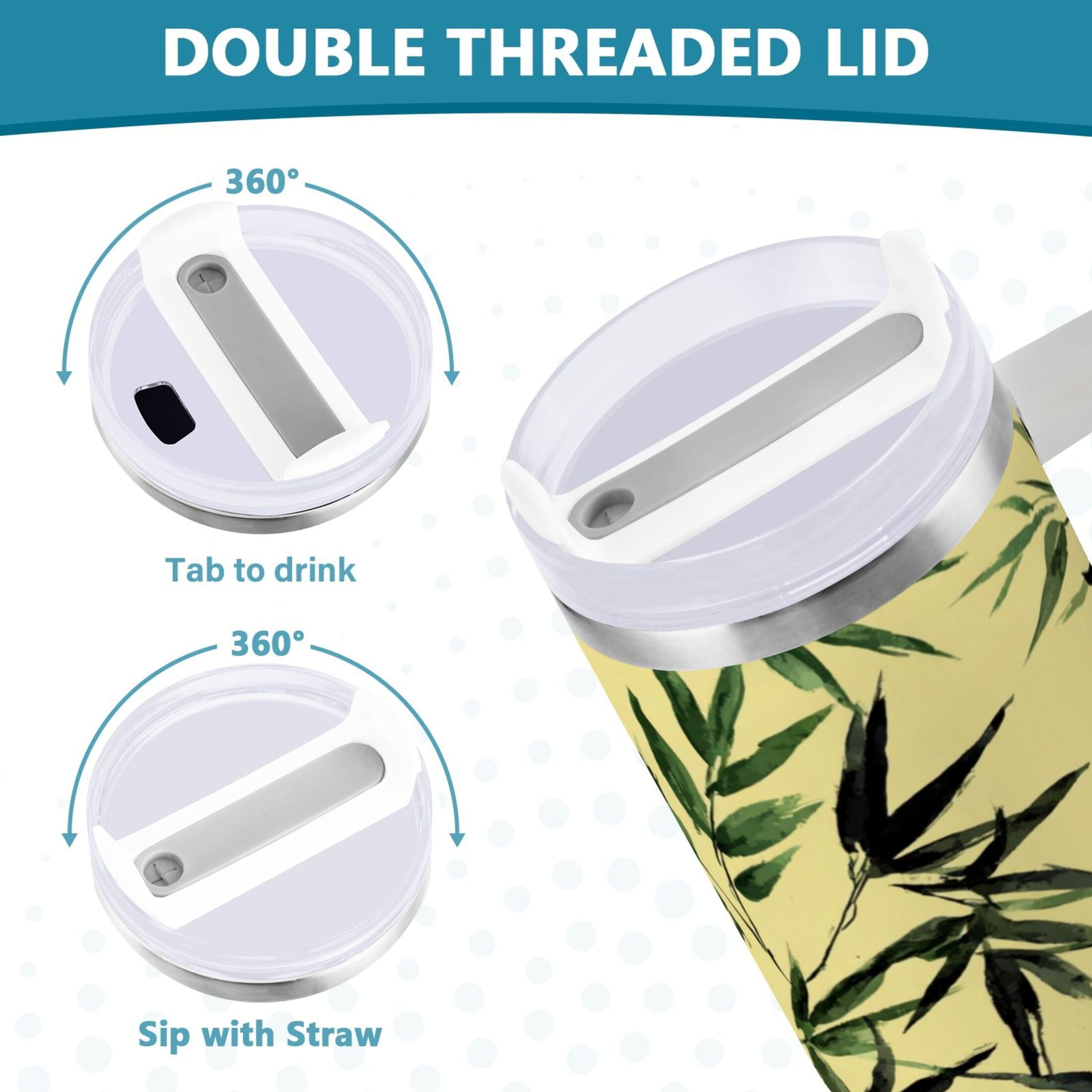 30 oz Insulated Stainless Steel Tumbler Double Wall Stainless Steel Tumbler with 2-Way Drinking Bamboo and Green Leaves - Pick 645