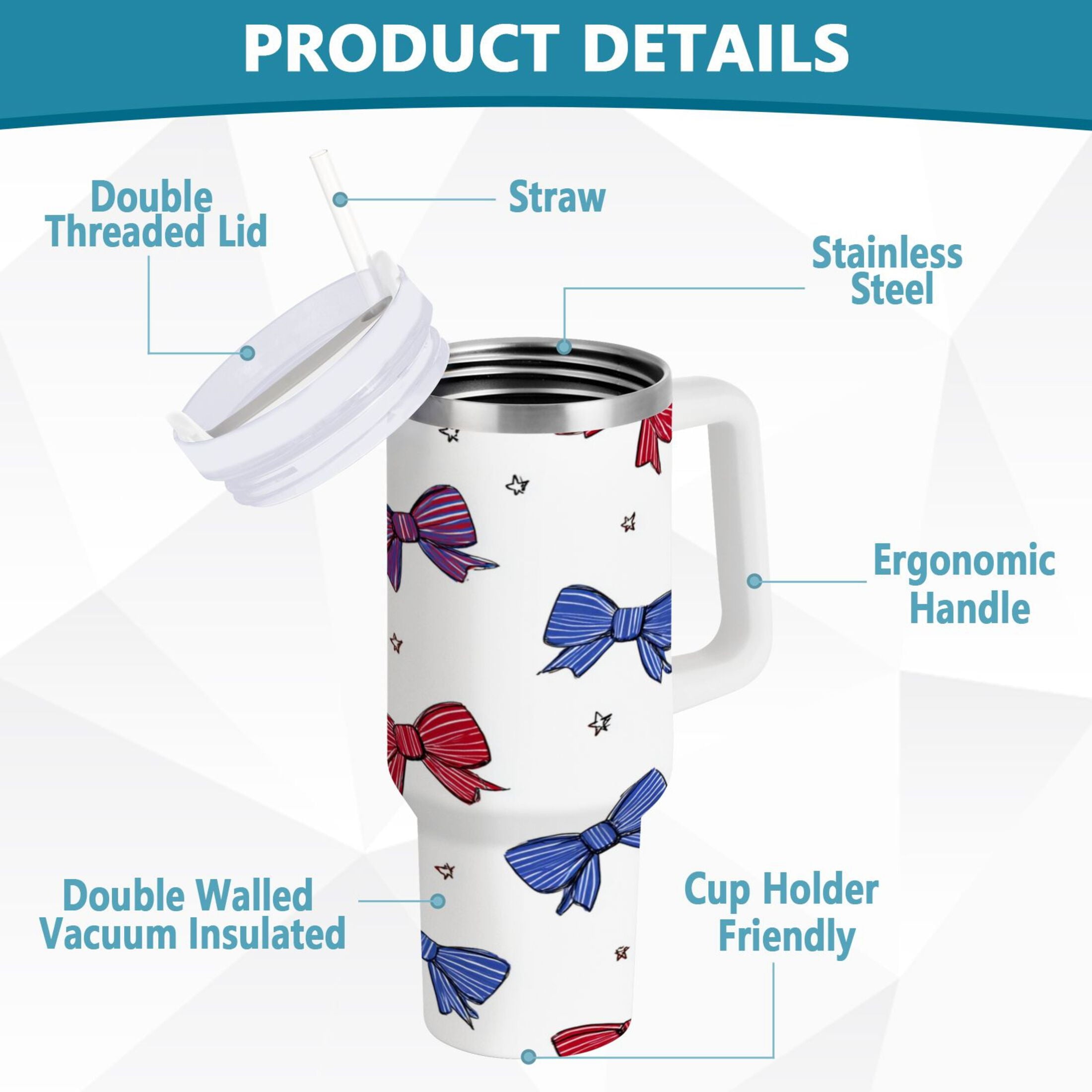 30 oz Insulated Stainless Steel Tumbler Double Wall Stainless Steel Tumbler with 2-Way Drinking Red and Blue Stripe Bows - Pick 524