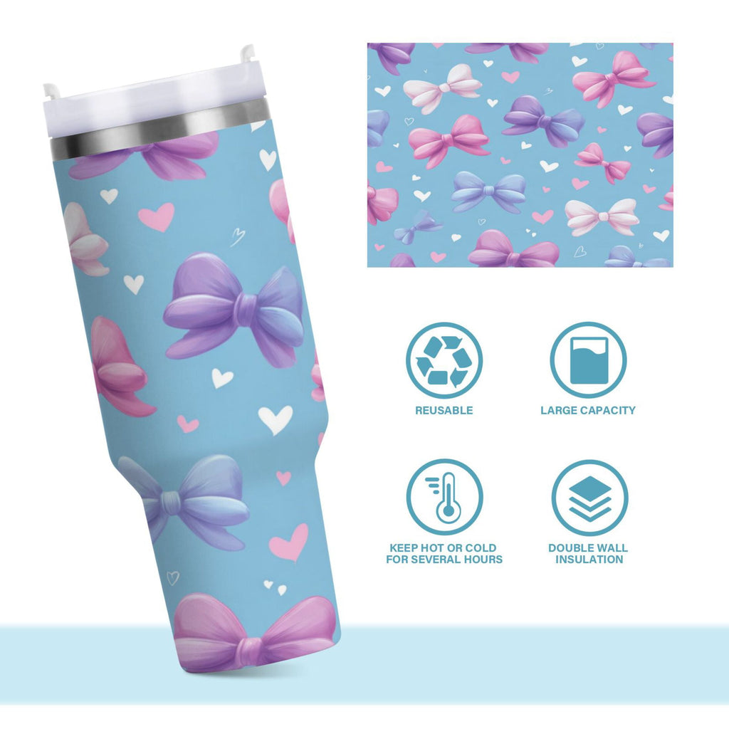 30 oz Insulated Stainless Steel Tumbler Double Wall Stainless Steel Tumbler with 2-Way Drinking Pink and Purple Bows - Pick 357