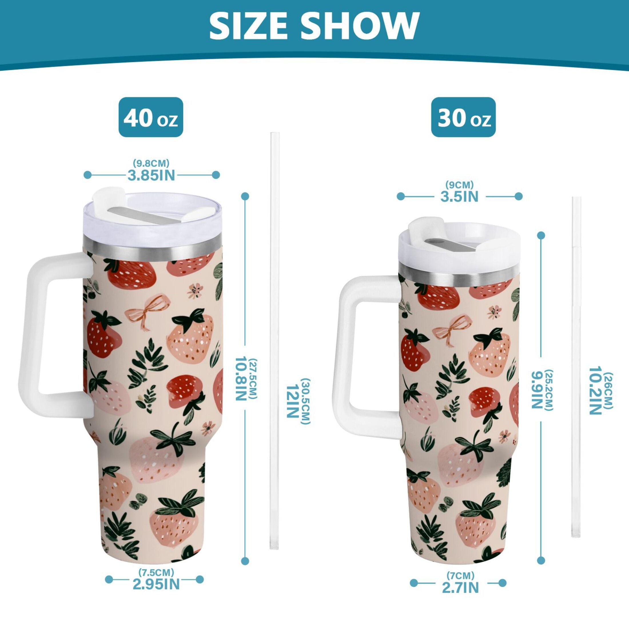 30 oz Insulated Stainless Steel Tumbler Double Wall Stainless Steel Tumbler with 2-Way Drinking Cute Pinks Strawberries - Pick 262
