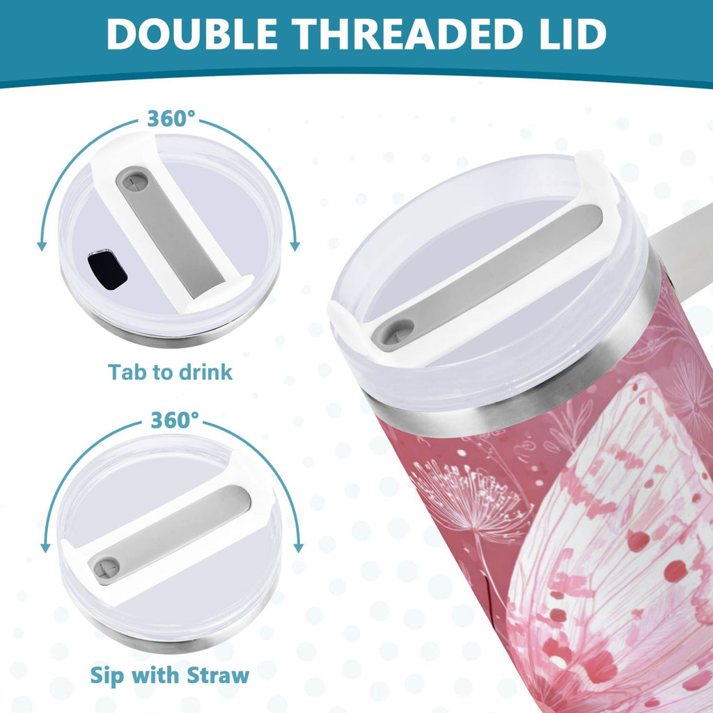 30 oz Insulated Stainless Steel Tumbler Double Wall Stainless Steel Tumbler with 2-Way Drinking Soft Pink Butterfly - Pick 641