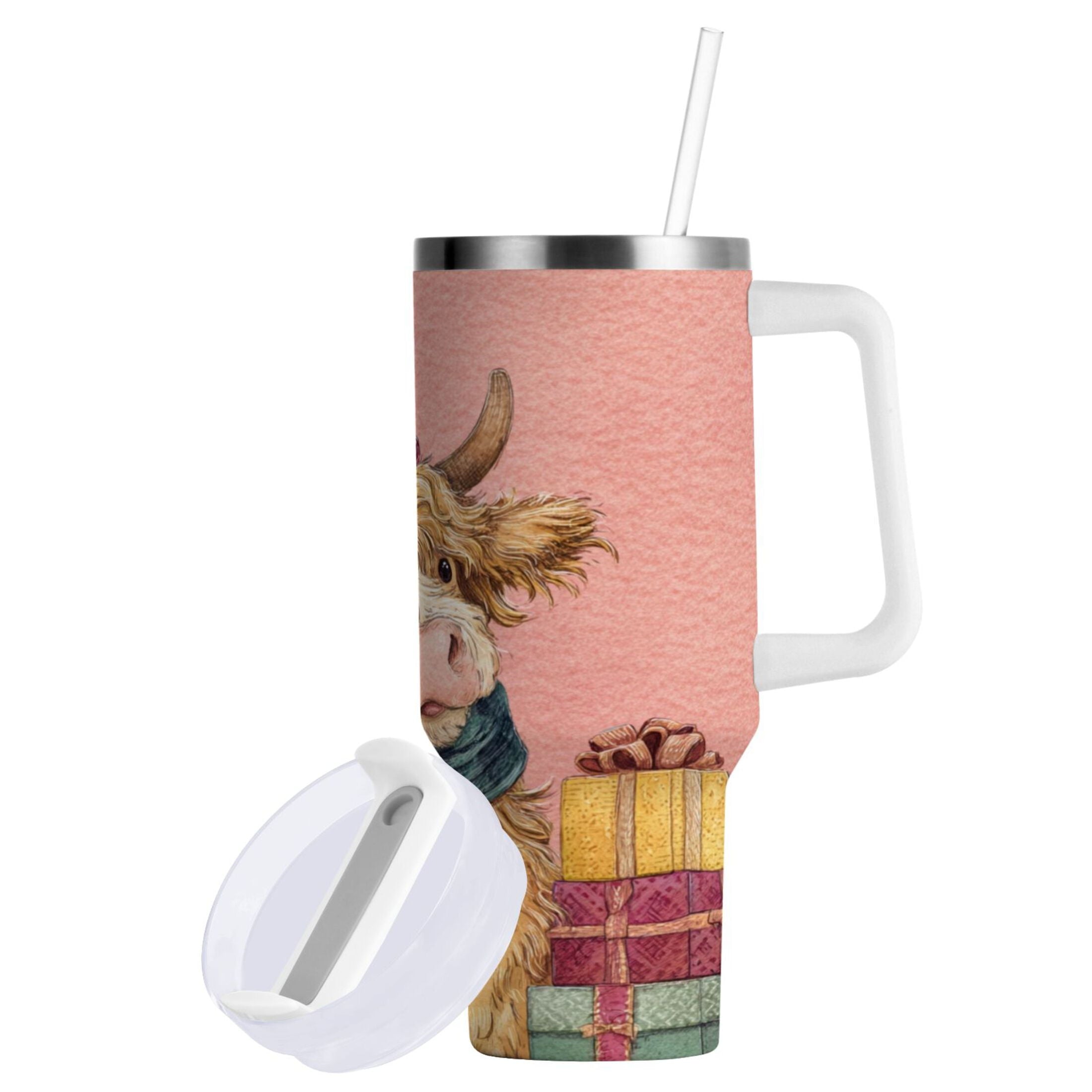 30 oz Insulated Stainless Steel Tumbler Double Wall Stainless Steel Tumbler with 2-Way Drinking Cow Wearing Scarf and Hat - Pick 220