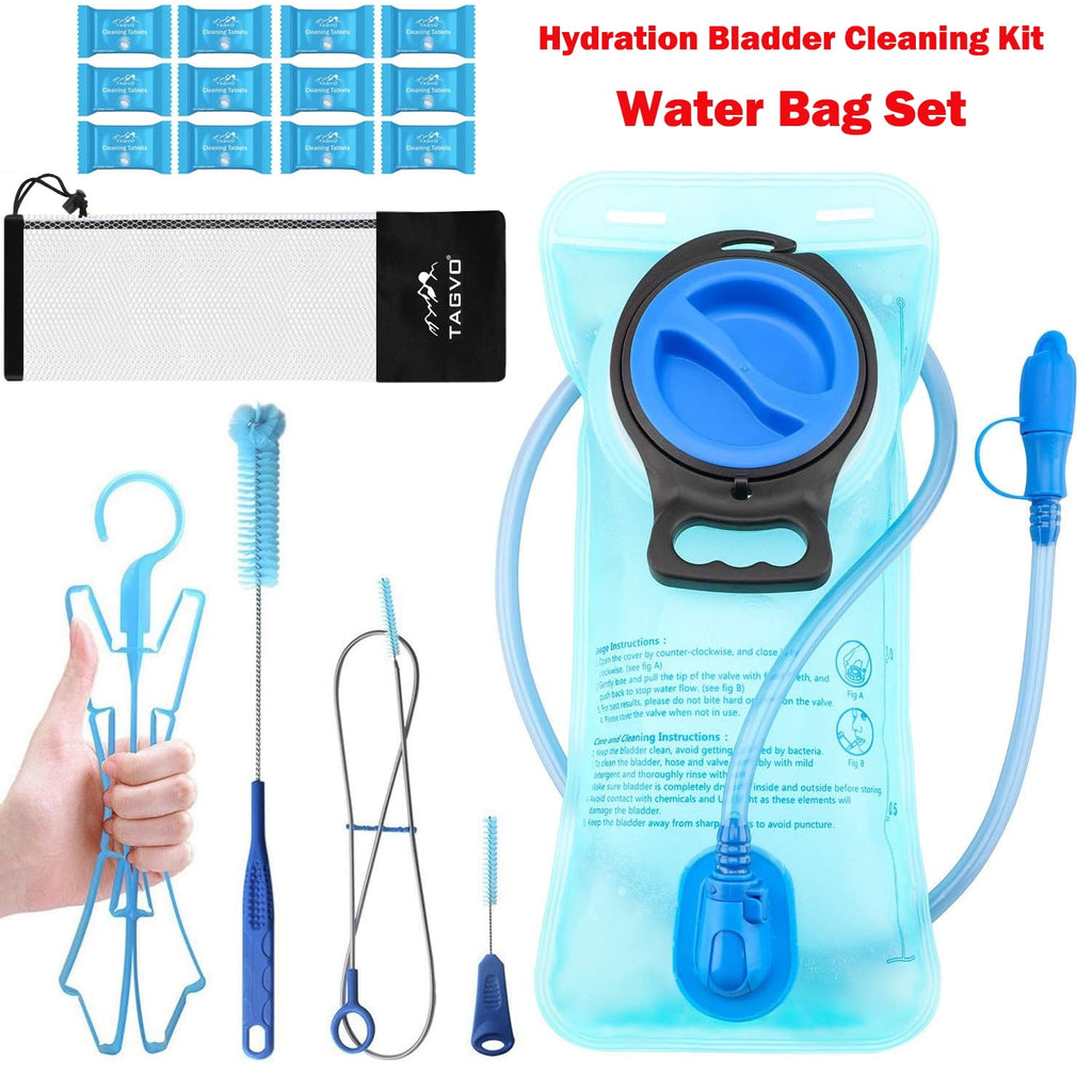 TAGVO Hydration Bladder 2 Liter BPA Free 70oz + Cleaning Brushes Kit, Leakproof Water Bladder Travel Reservoir Hydration Bag, Easy Cleaning by 3 Brushes and Air Drying by Collapsible Frame - Pick 610