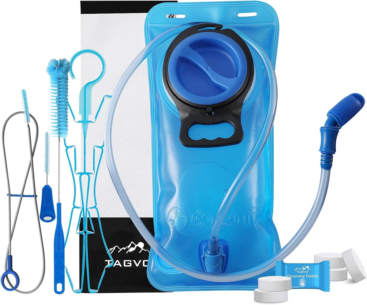 TAGVO Hydration Bladder 2 Liter BPA Free 70oz + Cleaning Brushes Kit, Leakproof Water Bladder Travel Reservoir Hydration Bag, Easy Cleaning by 3 Brushes and Air Drying by Collapsible Frame - Pick 610
