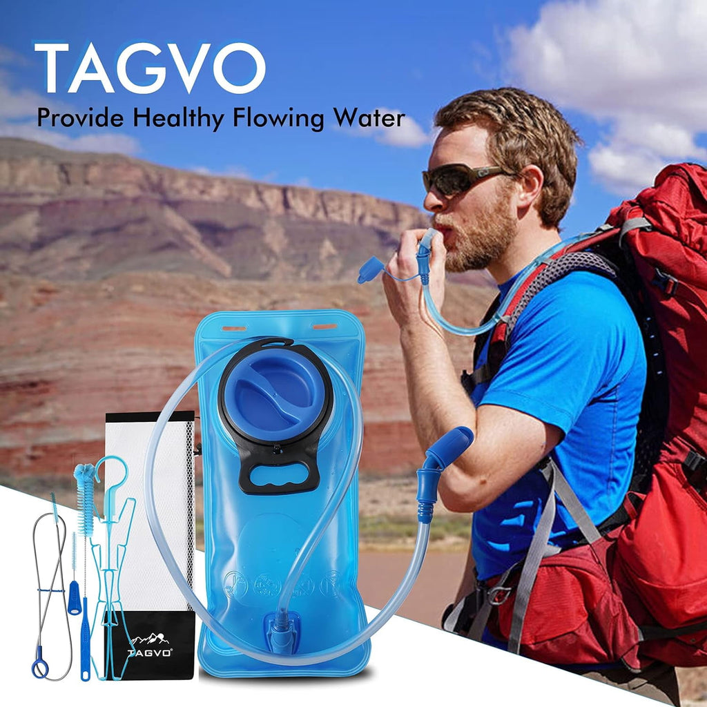 TAGVO Hydration Bladder 2 Liter BPA Free 70oz + Cleaning Brushes Kit, Leakproof Water Bladder Travel Reservoir Hydration Bag, Easy Cleaning by 3 Brushes and Air Drying by Collapsible Frame - Pick 610
