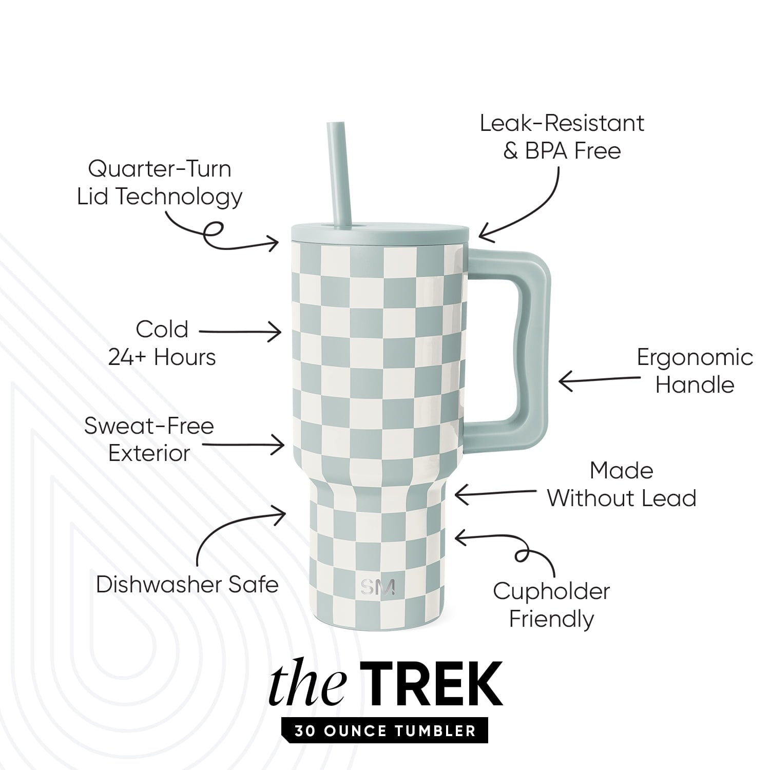 Simple Modern 30 fl oz Insulated Stainless Steel Trek Tumbler with Straw Lid | Seaglass Sage and Cream Checkmate - Pick 125