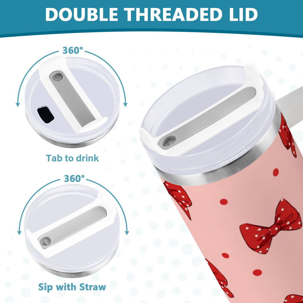 40 oz Insulated Stainless Steel Tumbler Double Wall Stainless Steel Tumbler with 2-Way Drinking Red Bows and Polka Dots - Pick 708