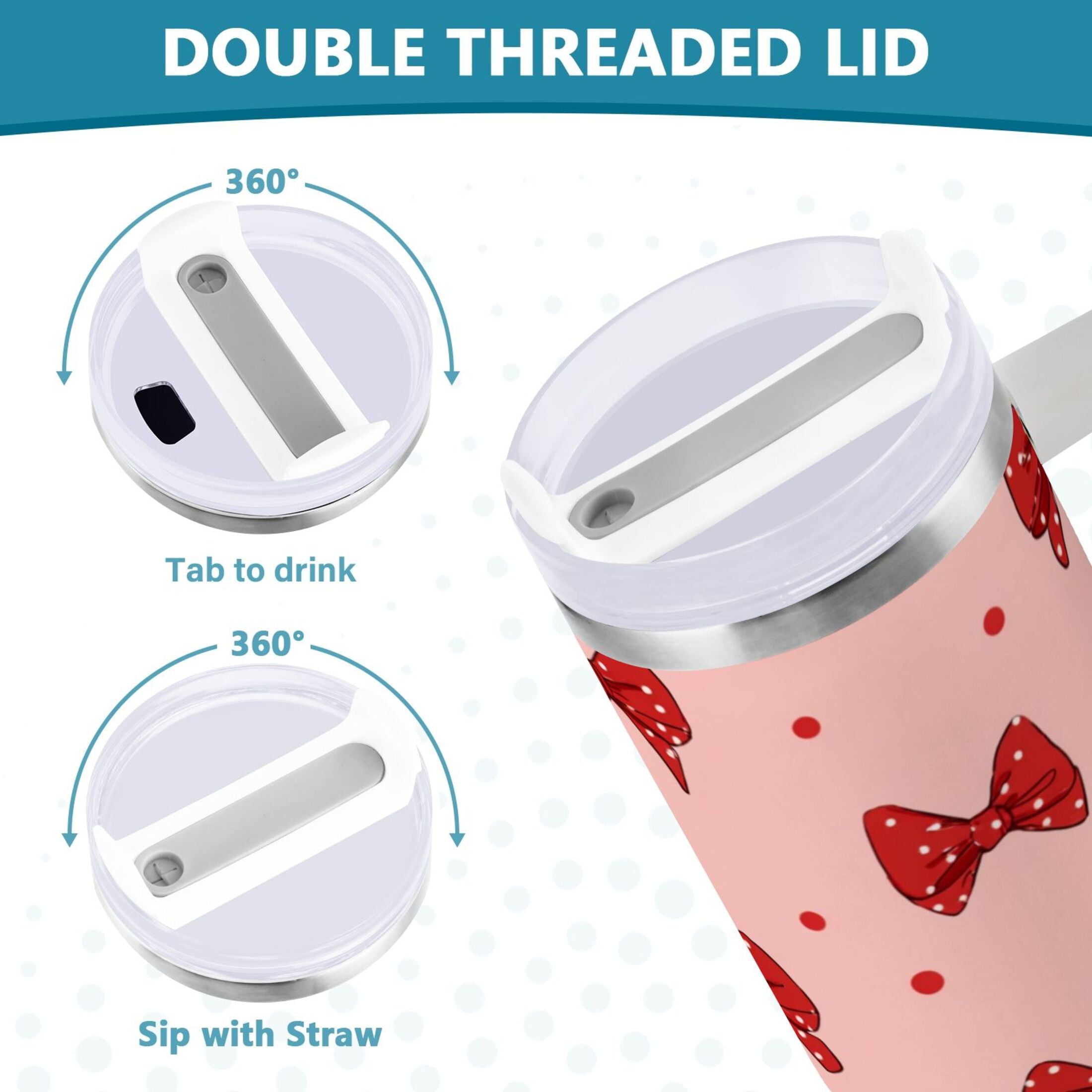 40 oz Insulated Stainless Steel Tumbler Double Wall Stainless Steel Tumbler with 2-Way Drinking Red Bows and Polka Dots - Pick 708