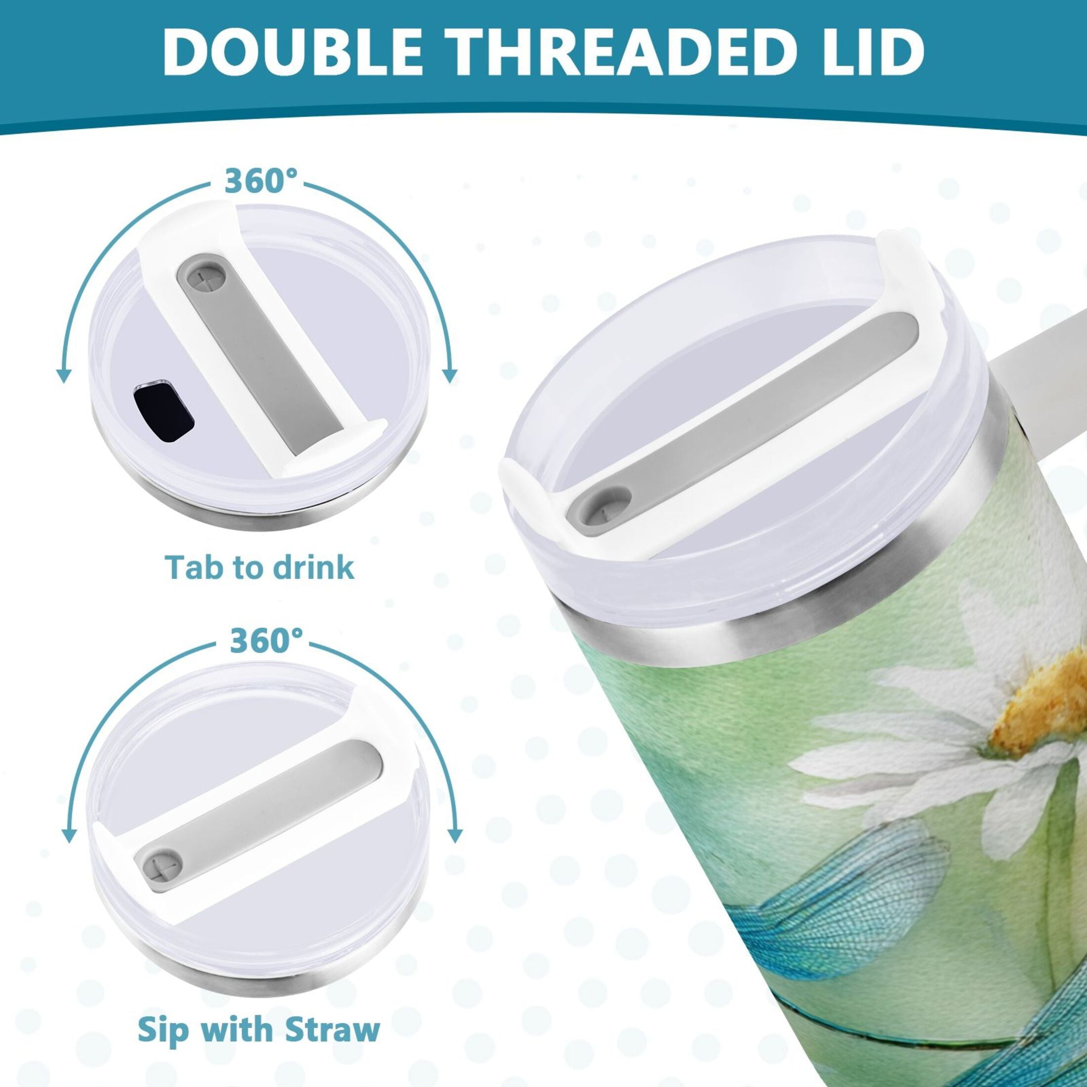 30 oz Insulated Stainless Steel Tumbler Double Wall Stainless Steel Tumbler with 2-Way Drinking Beautiful Dragonflies and Daisies - Pick 172