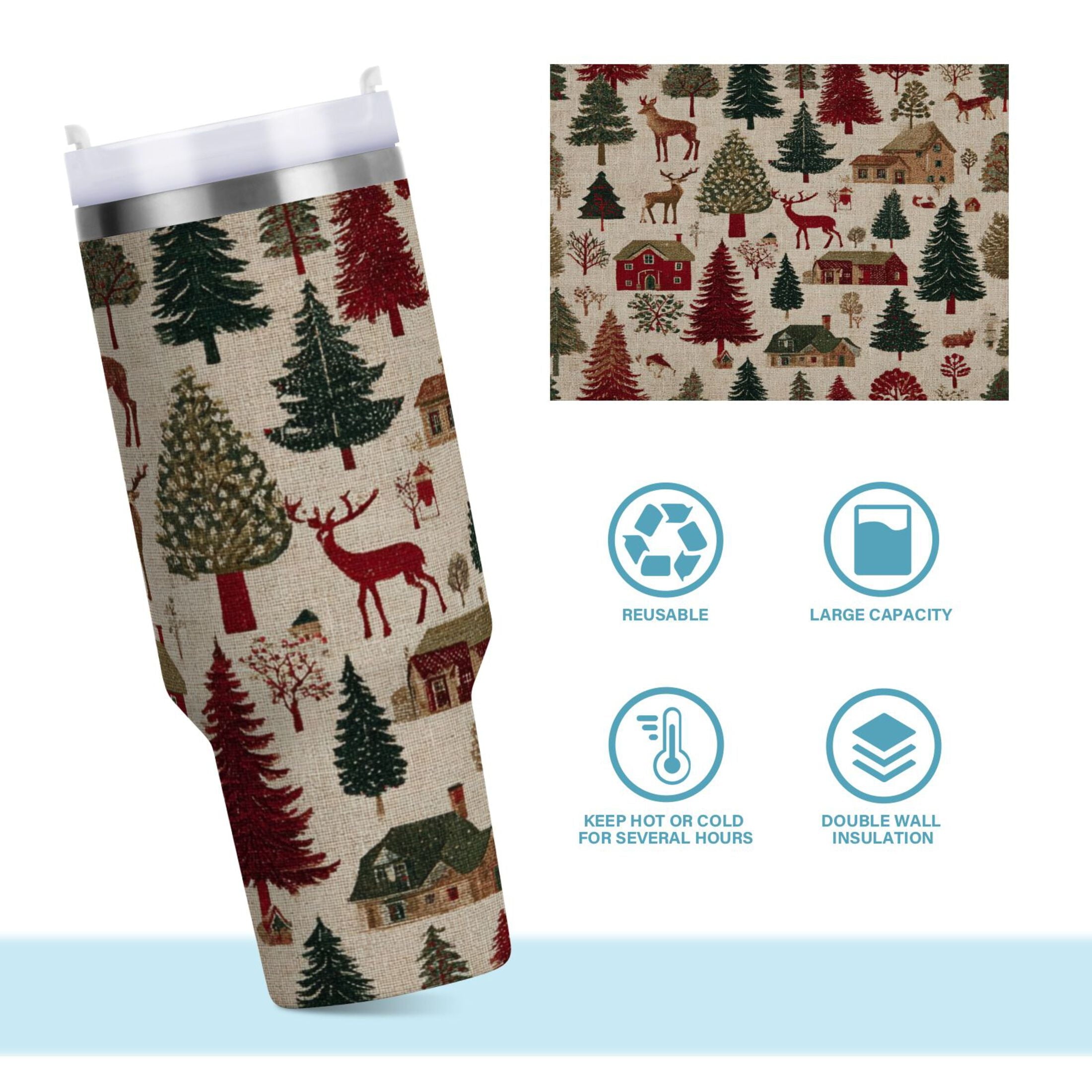 30 oz Insulated Stainless Steel Tumbler Double Wall Stainless Steel Tumbler with 2-Way Drinking Christmas Trees Deer and Houses - Pick 981