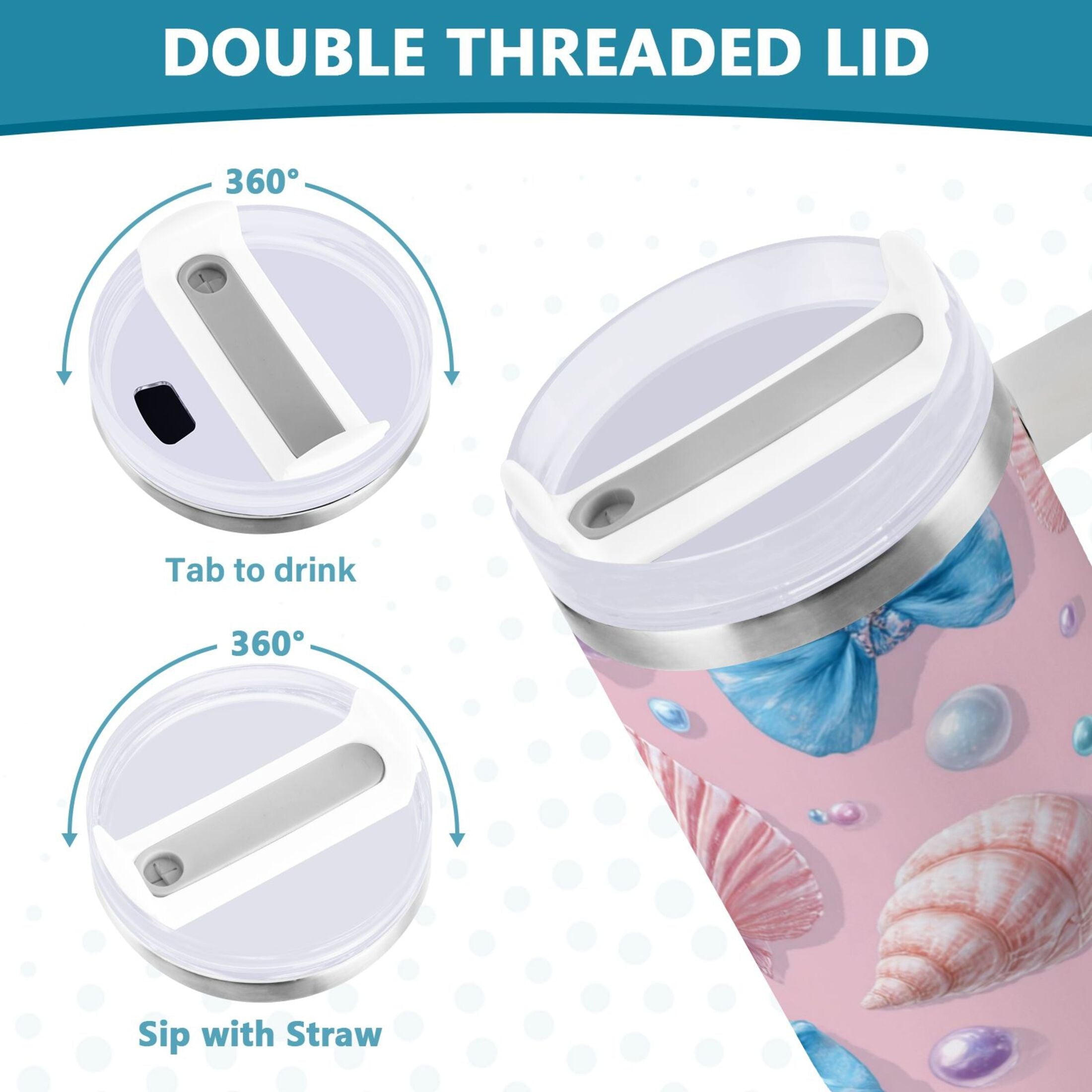 30 oz Insulated Stainless Steel Tumbler Double Wall Stainless Steel Tumbler with 2-Way Drinking Seashells and Bows - Pick 150