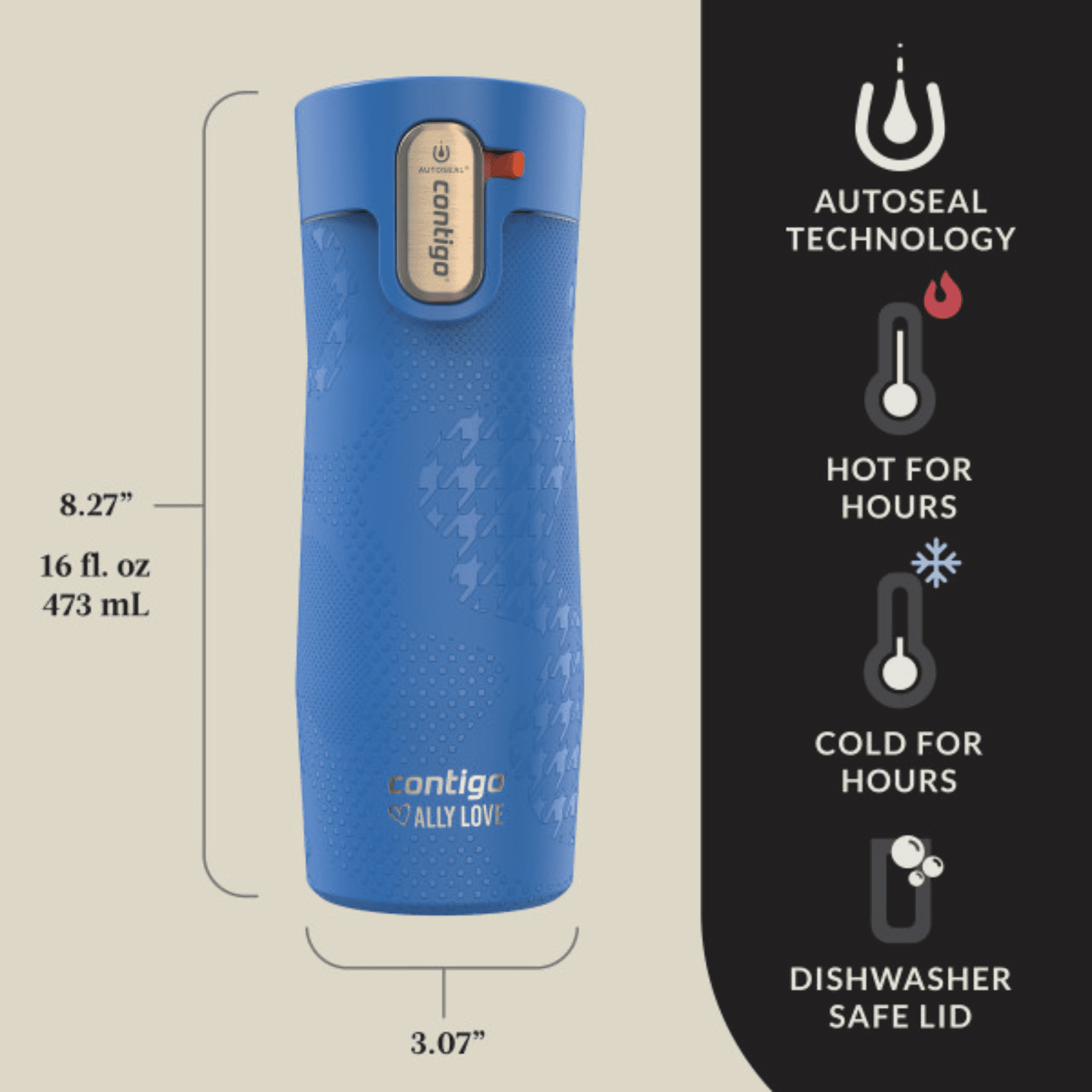 Contigo x Ally Love Autoseal West Loop Vacuum-Insulated Stainless Steel Travel Mug with Easy-Clean Lid, 16 oz, Stellar Jay - Pick 741