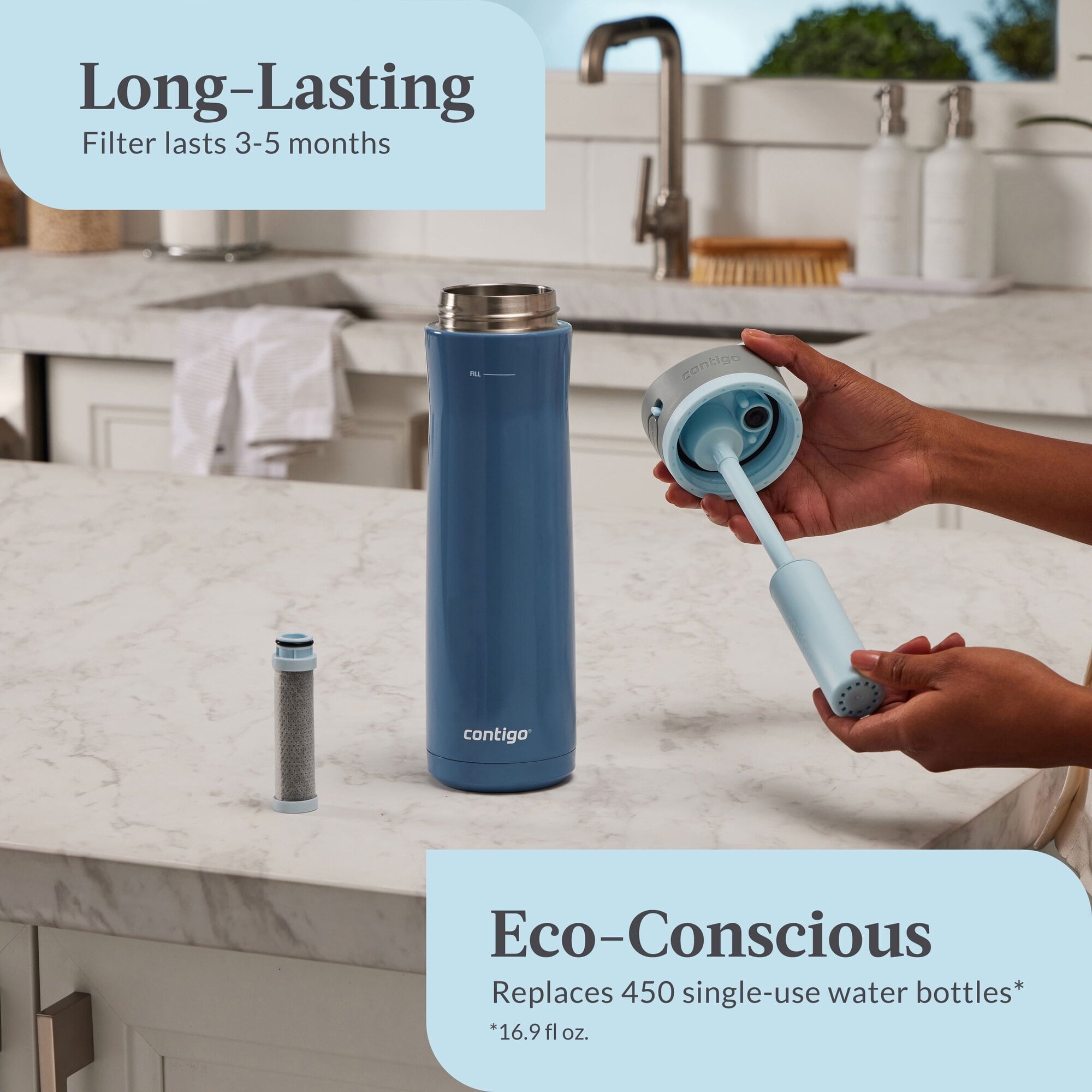 Contigo® Wells Chill Stainless Steel Filter Water Bottle with AUTOSPOUT® Straw Lid, 24 oz., Dark Ice - Pick 599