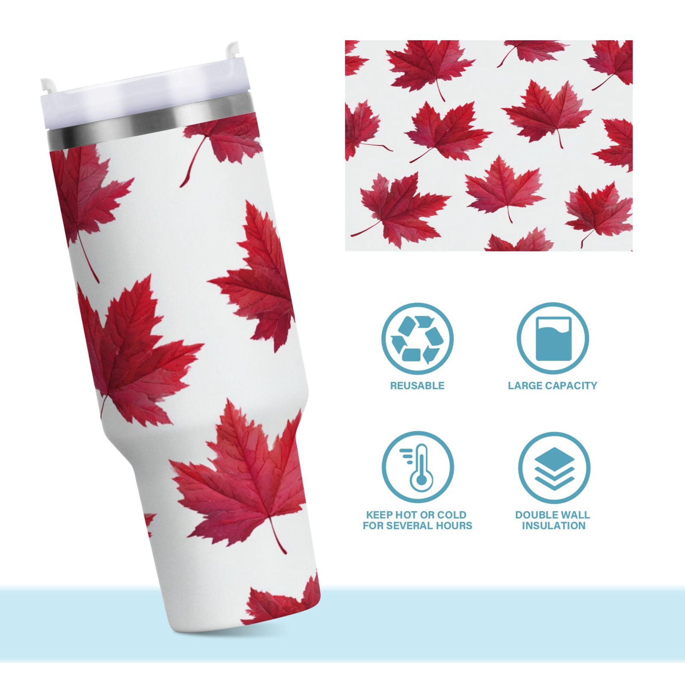 30 oz Insulated Stainless Steel Tumbler Double Wall Stainless Steel Tumbler with 2-Way Drinking Red Maple Leaves - Pick 372
