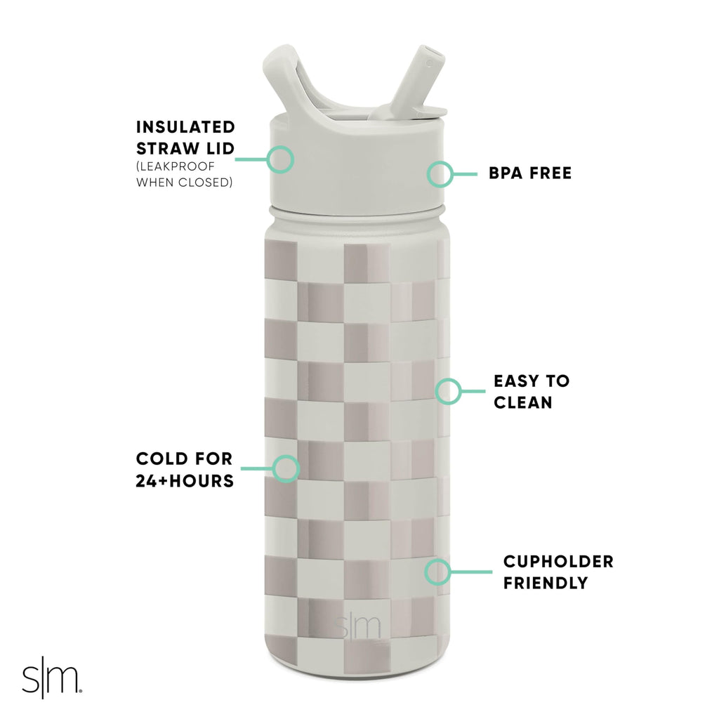 Simple Modern Kids Water Bottle with Straw Lid Vacuum Insulated Stainless Steel Metal Thermos Bottles | Reusable Leak Proof BPA-Free Flask for School | Summit Collection | 18oz, Checkmate - Pick 797