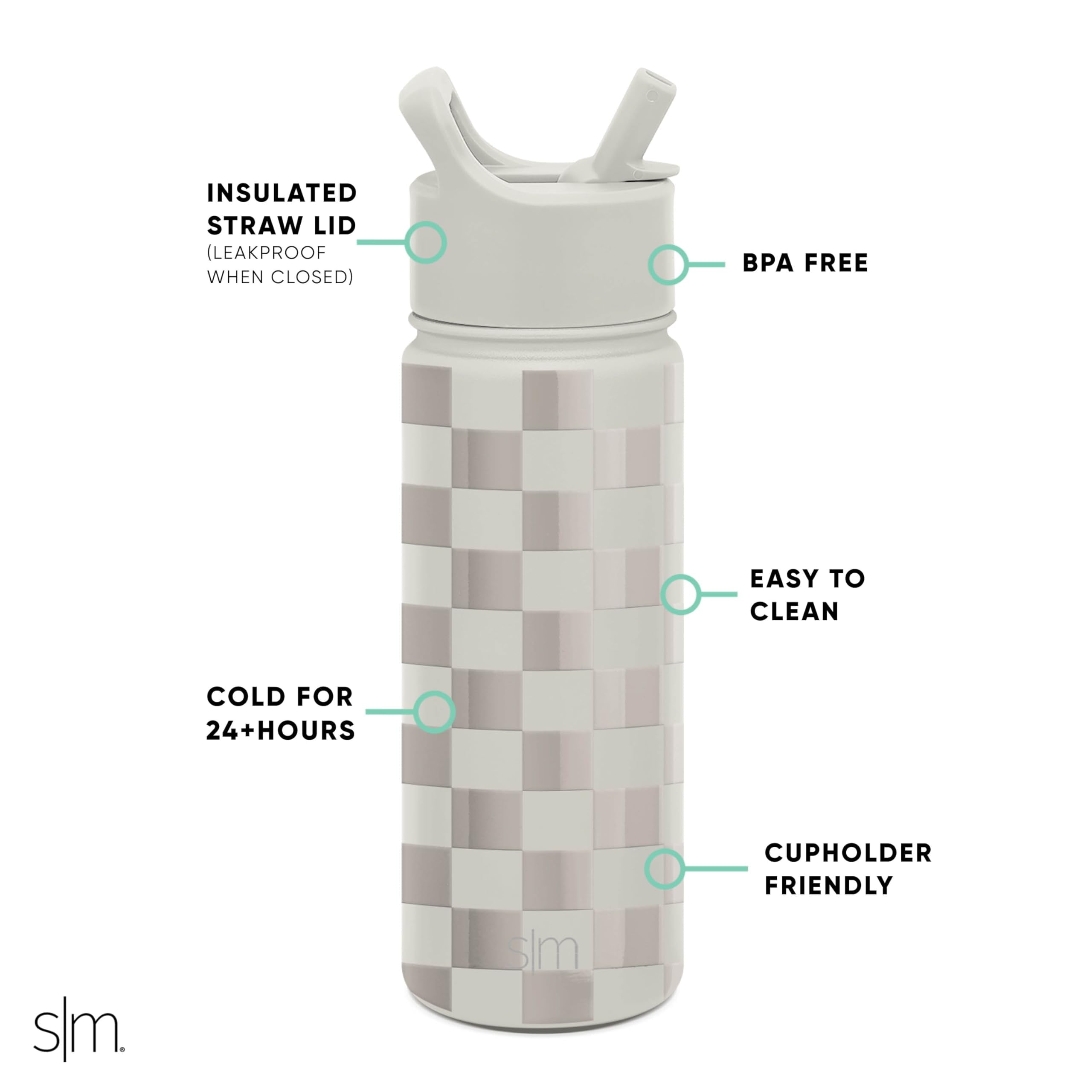 Simple Modern Kids Water Bottle with Straw Lid Vacuum Insulated Stainless Steel Metal Thermos Bottles | Reusable Leak Proof BPA-Free Flask for School | Summit Collection | 18oz, Checkmate - Pick 797