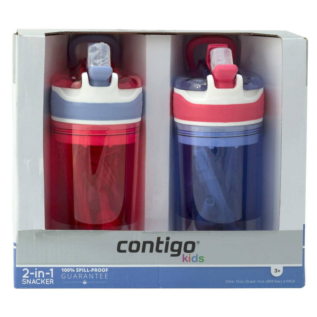 Contigo Kids 2-in-1 Snack Hero Tumbler Featuring 4oz Snack Holder Stacked on Top of 13oz Water Bottle - BPA Free, Durable Tritan w/Flexible Carry Handle &amp; Spill-Proof Valve, Purple &amp; Pink – 2 Pack - Pick 812