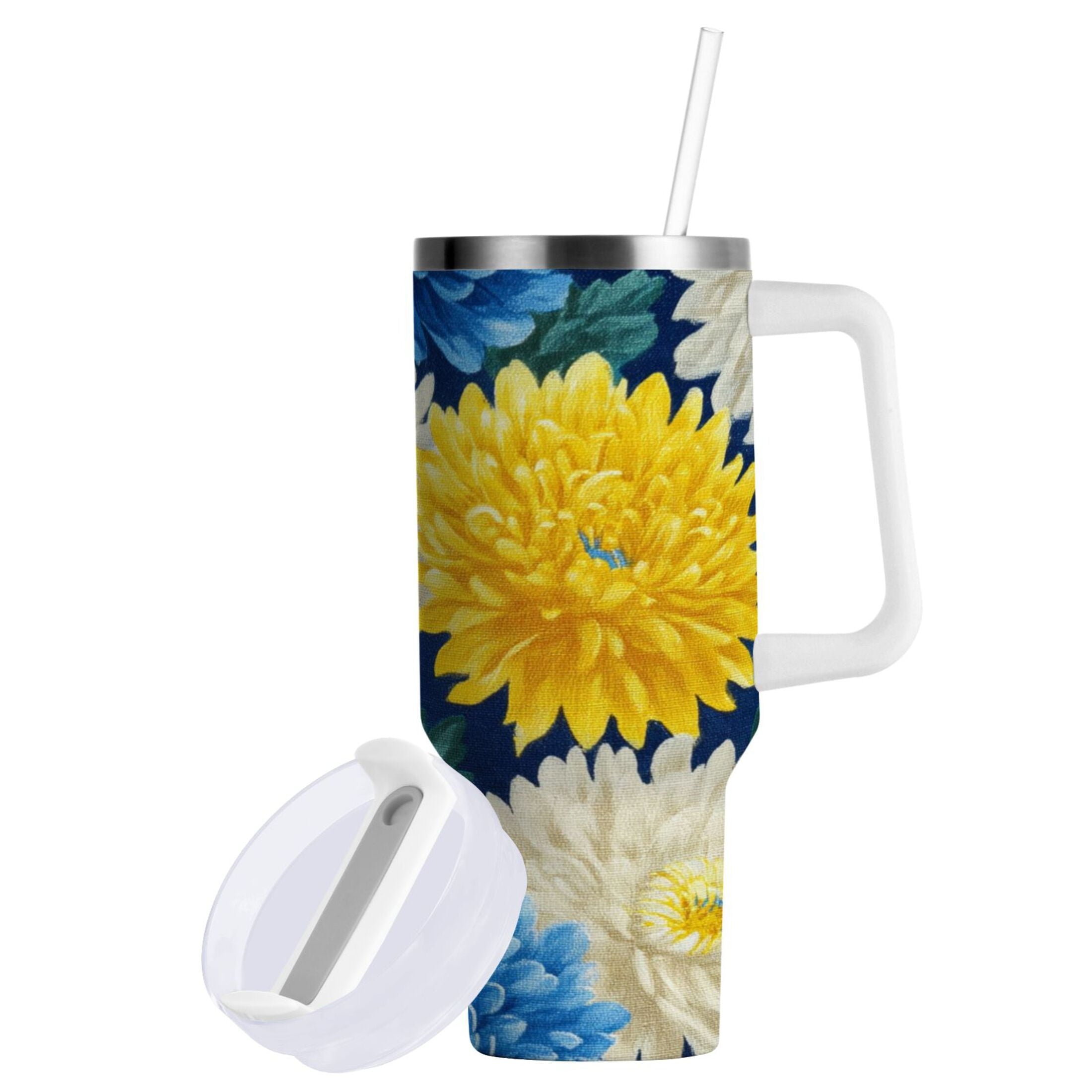 30 oz Insulated Stainless Steel Tumbler Double Wall Stainless Steel Tumbler with 2-Way Drinking Yellow and White Chrysanthemum - Pick 168