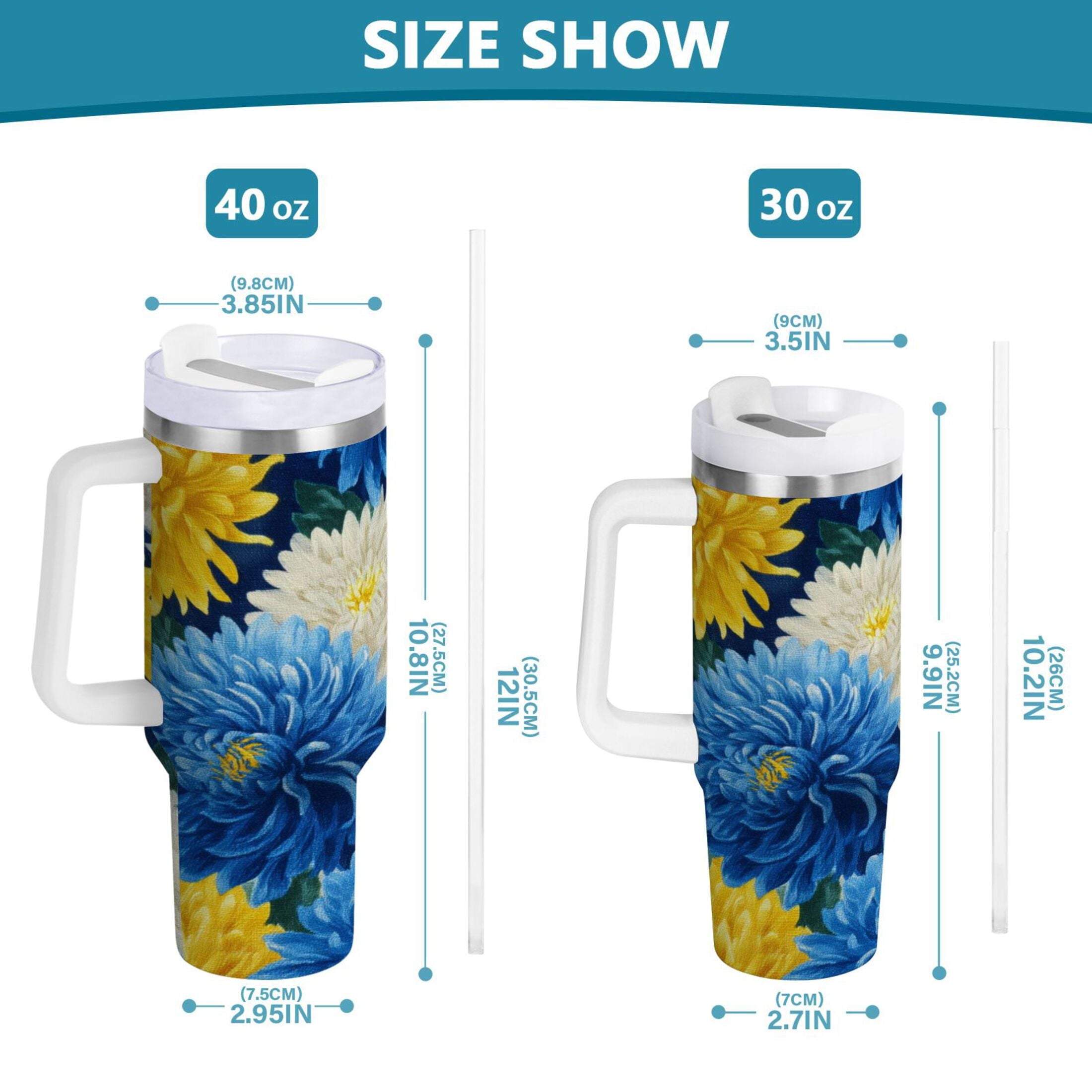 30 oz Insulated Stainless Steel Tumbler Double Wall Stainless Steel Tumbler with 2-Way Drinking Yellow and White Chrysanthemum - Pick 168