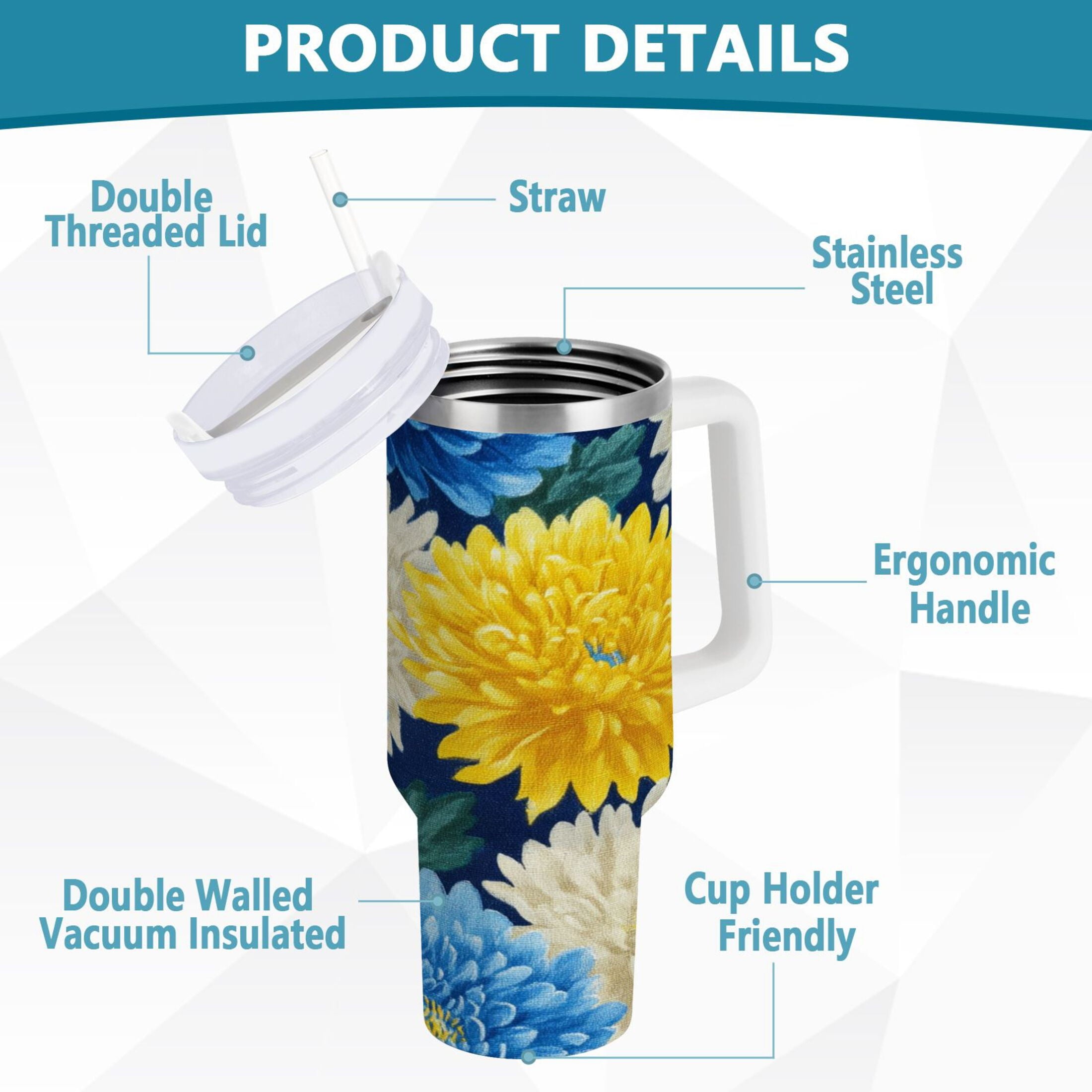 30 oz Insulated Stainless Steel Tumbler Double Wall Stainless Steel Tumbler with 2-Way Drinking Yellow and White Chrysanthemum - Pick 168
