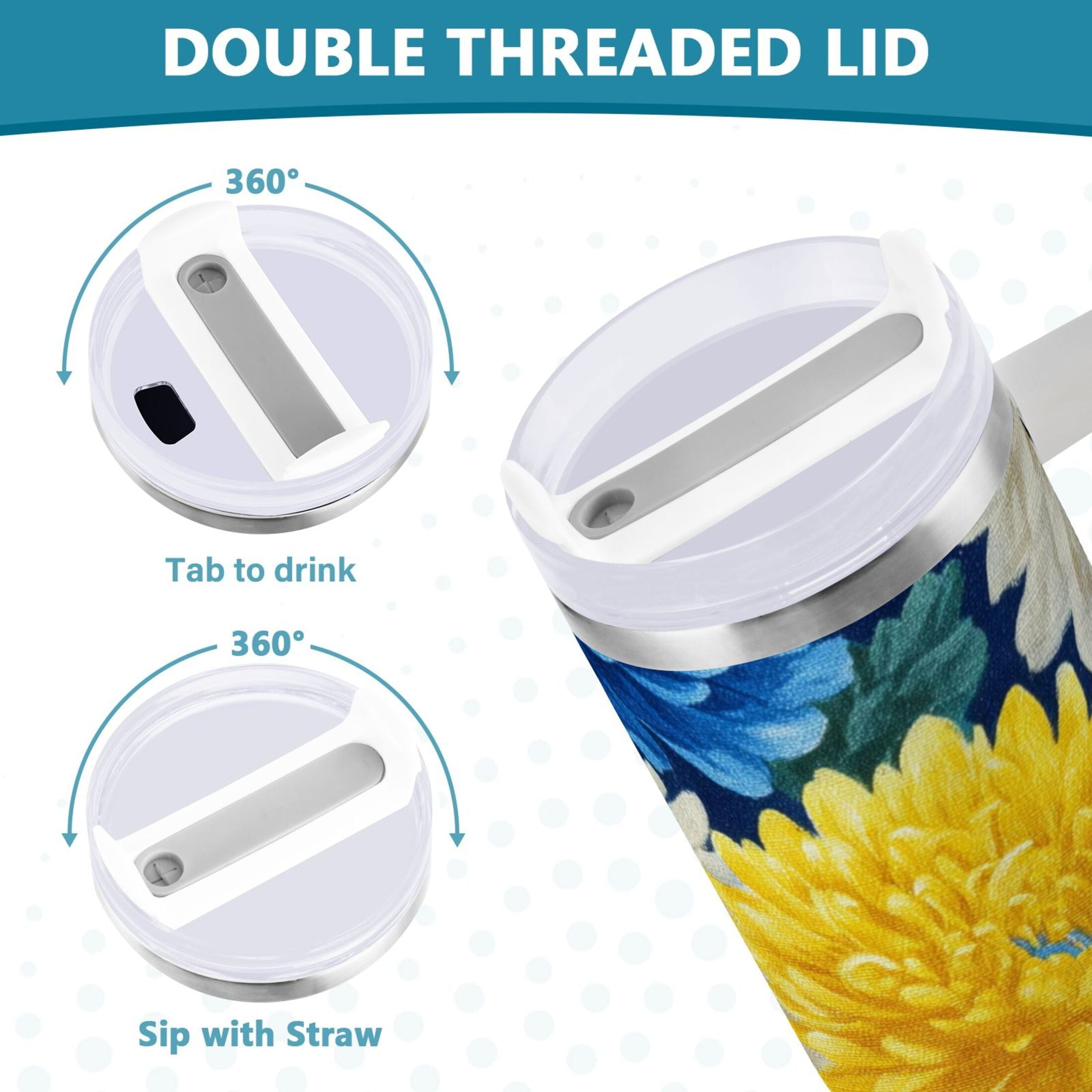 30 oz Insulated Stainless Steel Tumbler Double Wall Stainless Steel Tumbler with 2-Way Drinking Yellow and White Chrysanthemum - Pick 168