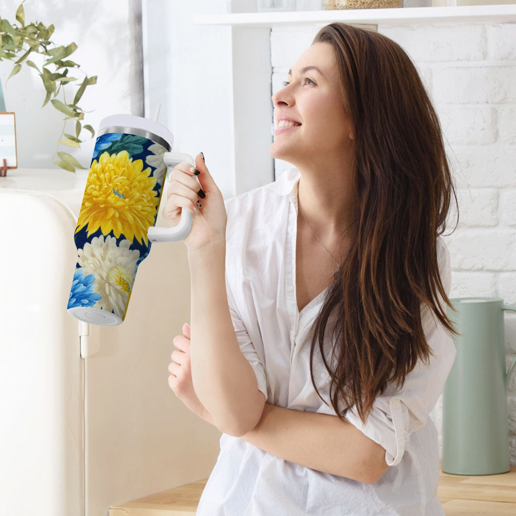 30 oz Insulated Stainless Steel Tumbler Double Wall Stainless Steel Tumbler with 2-Way Drinking Yellow and White Chrysanthemum - Pick 168