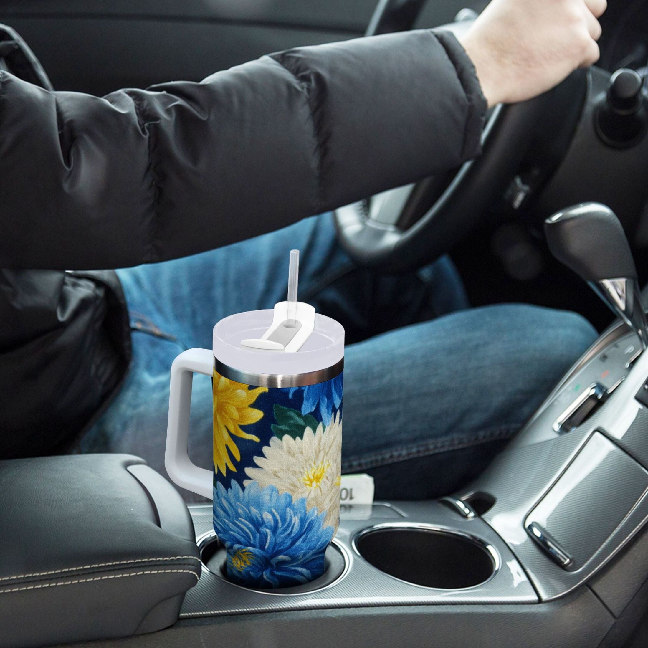 30 oz Insulated Stainless Steel Tumbler Double Wall Stainless Steel Tumbler with 2-Way Drinking Yellow and White Chrysanthemum - Pick 168