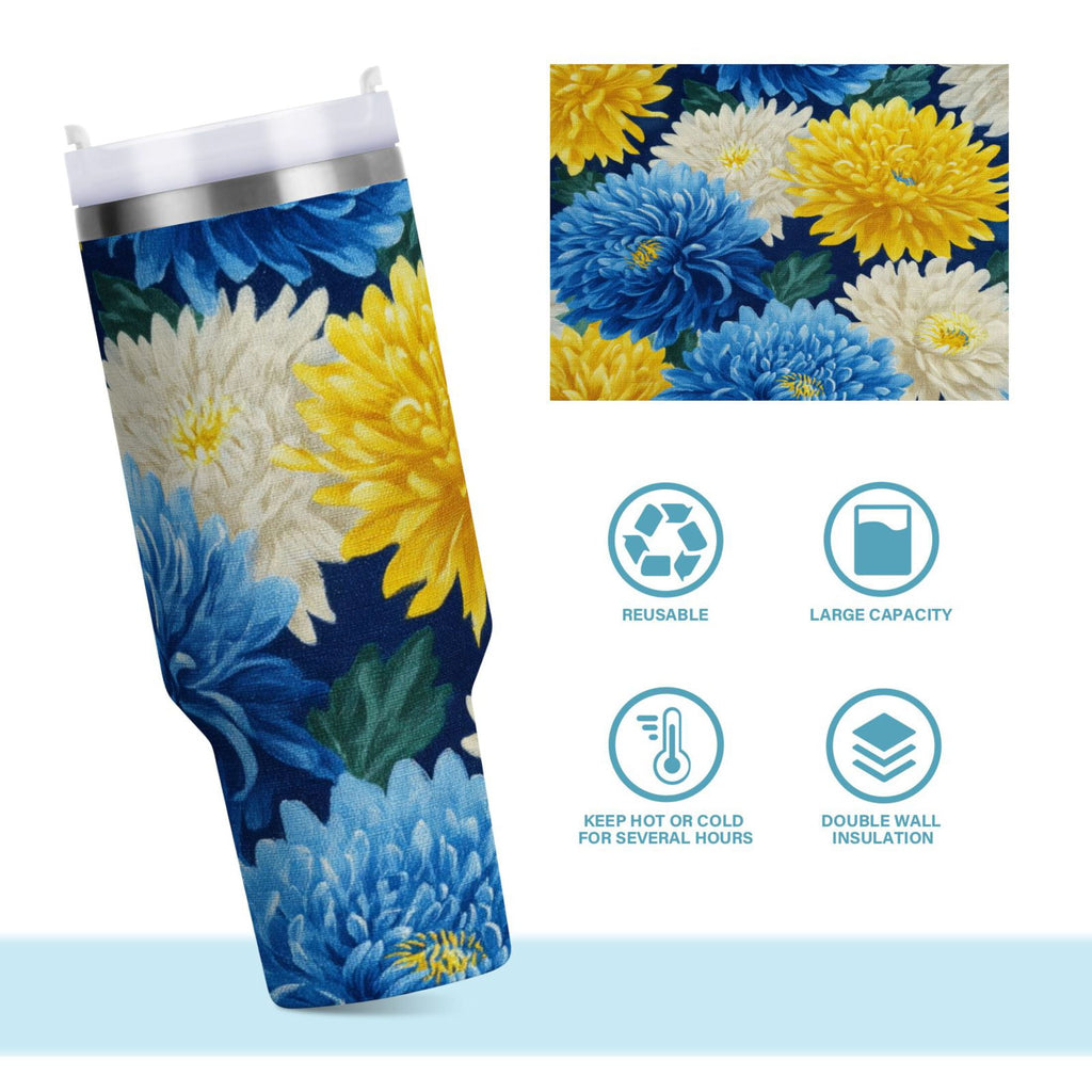 30 oz Insulated Stainless Steel Tumbler Double Wall Stainless Steel Tumbler with 2-Way Drinking Yellow and White Chrysanthemum - Pick 168
