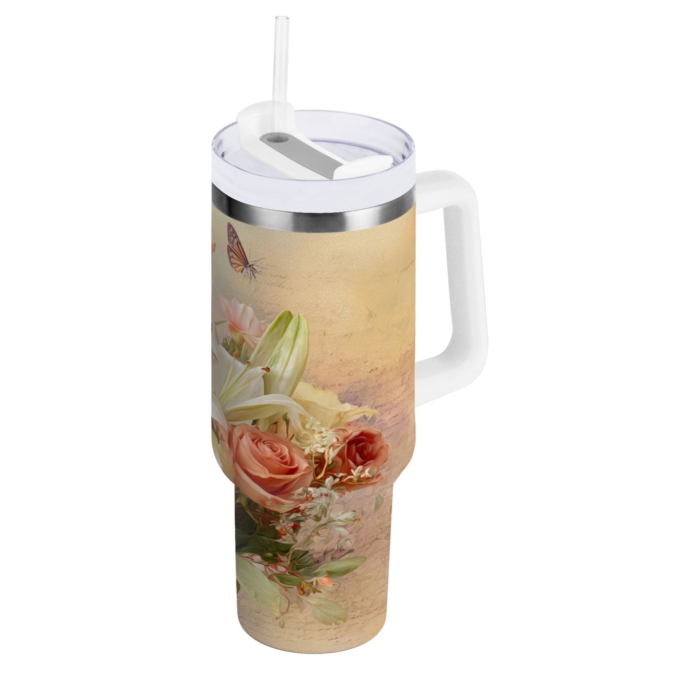 30 oz Insulated Stainless Steel Tumbler Double Wall Stainless Steel Tumbler with 2-Way Drinking Beautiful Floral Bouquet - Pick 503