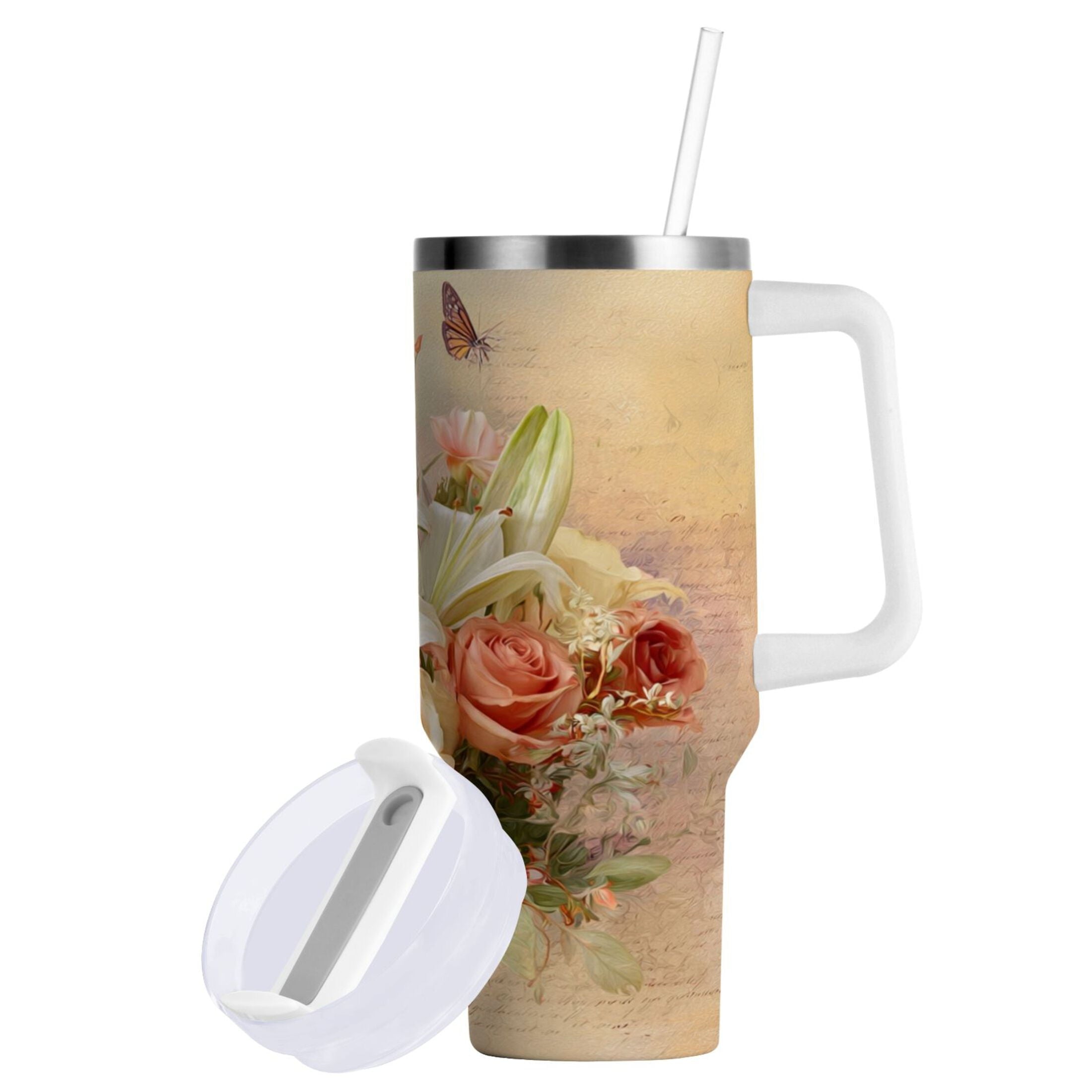30 oz Insulated Stainless Steel Tumbler Double Wall Stainless Steel Tumbler with 2-Way Drinking Beautiful Floral Bouquet - Pick 503