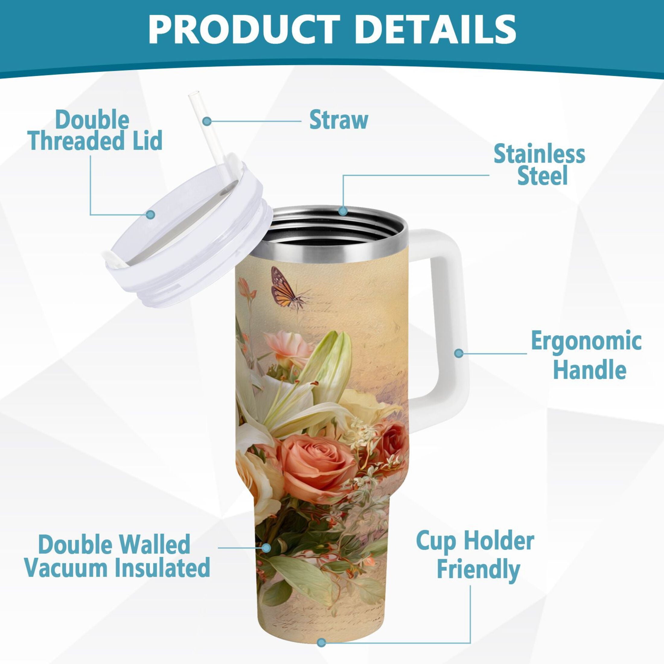 30 oz Insulated Stainless Steel Tumbler Double Wall Stainless Steel Tumbler with 2-Way Drinking Beautiful Floral Bouquet - Pick 503