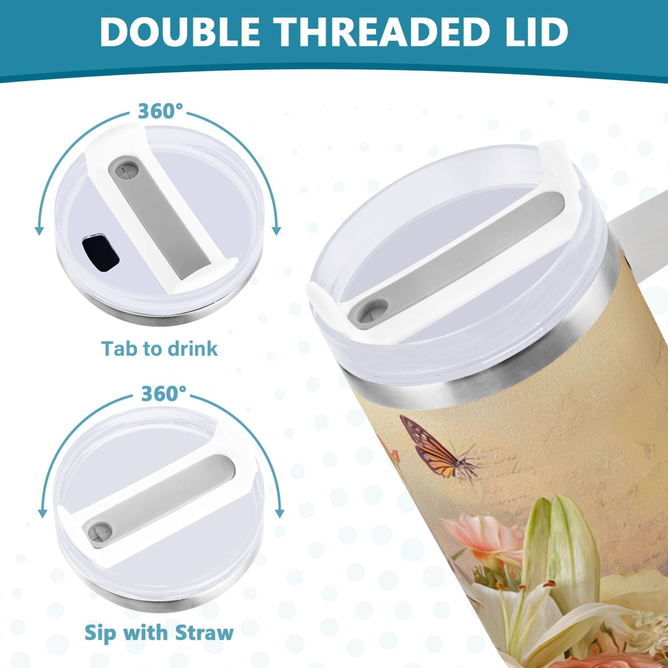 30 oz Insulated Stainless Steel Tumbler Double Wall Stainless Steel Tumbler with 2-Way Drinking Beautiful Floral Bouquet - Pick 503