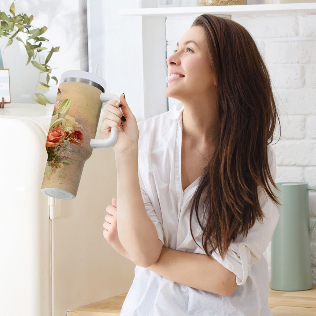 30 oz Insulated Stainless Steel Tumbler Double Wall Stainless Steel Tumbler with 2-Way Drinking Beautiful Floral Bouquet - Pick 503