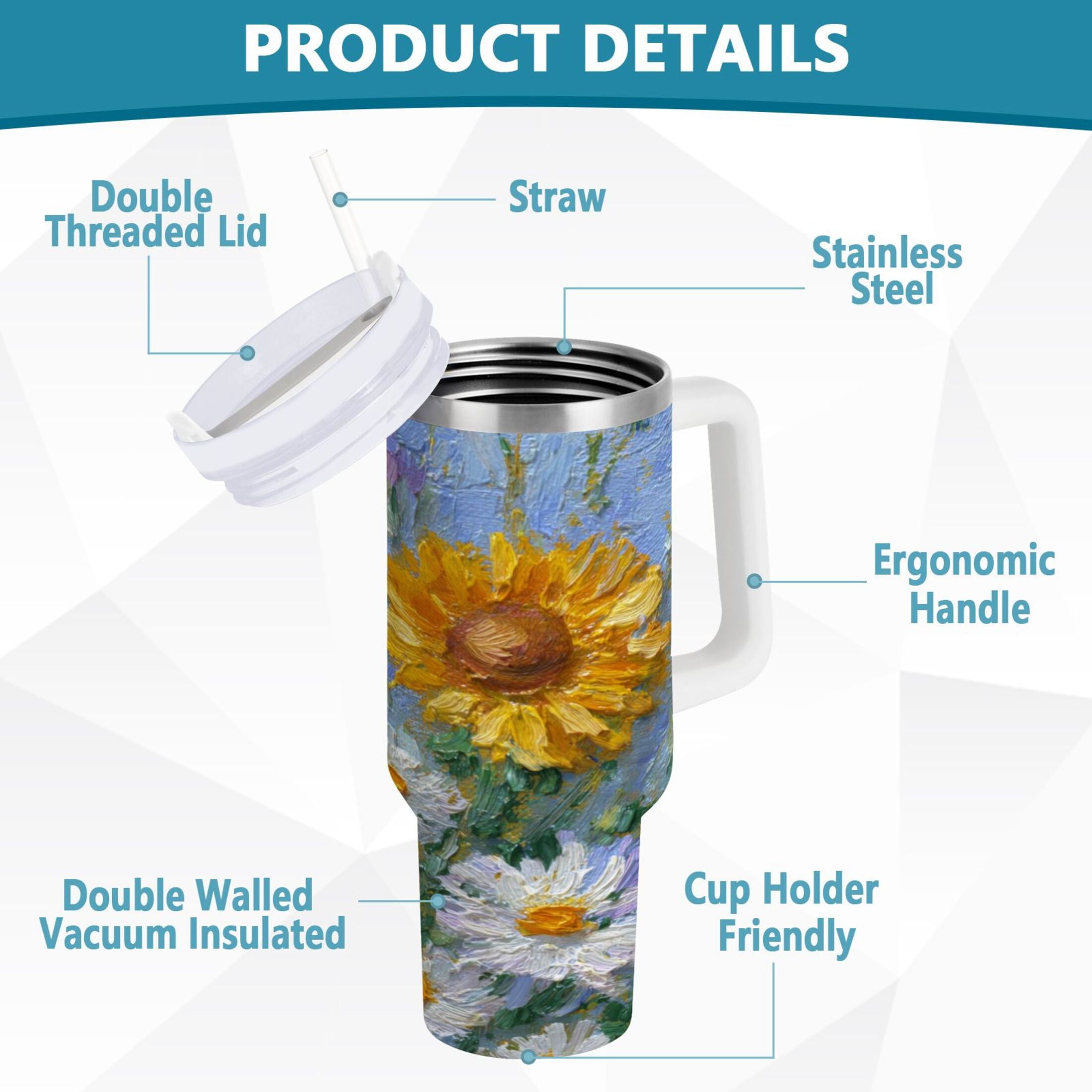 40 oz Insulated Stainless Steel Tumbler Double Wall Stainless Steel Tumbler with 2-Way Drinking Sunflowers and Daisies - Pick 345
