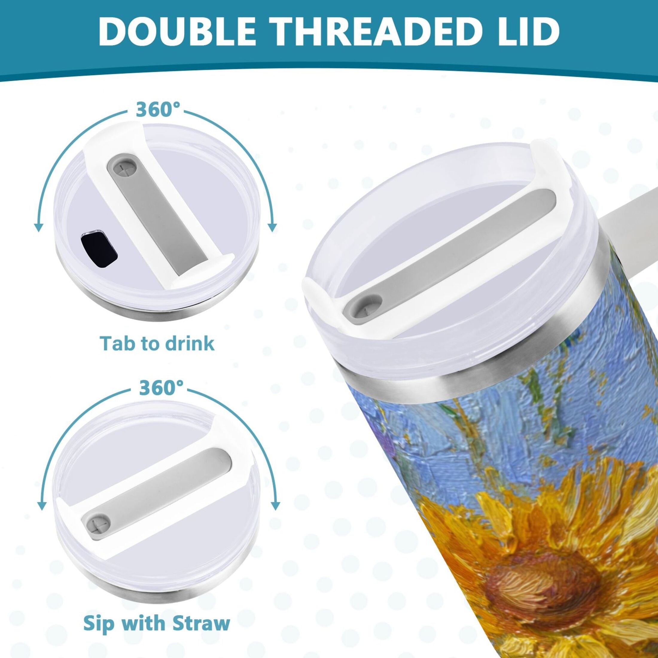 40 oz Insulated Stainless Steel Tumbler Double Wall Stainless Steel Tumbler with 2-Way Drinking Sunflowers and Daisies - Pick 345