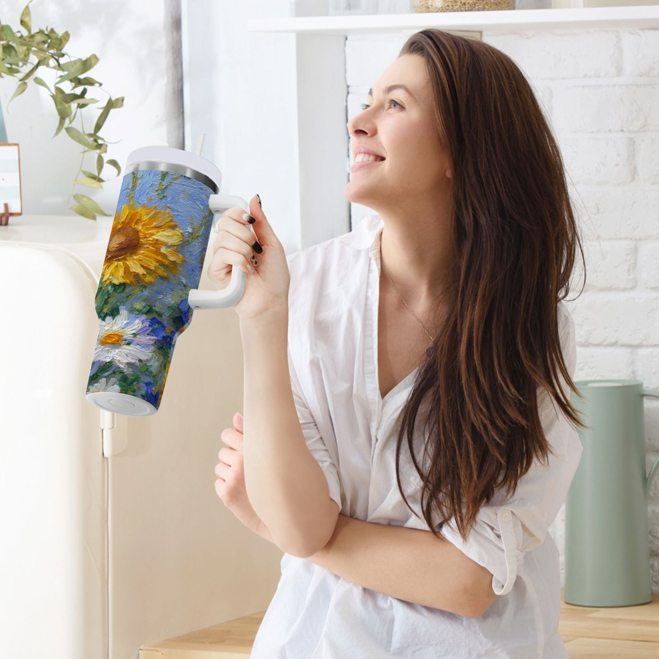40 oz Insulated Stainless Steel Tumbler Double Wall Stainless Steel Tumbler with 2-Way Drinking Sunflowers and Daisies - Pick 345