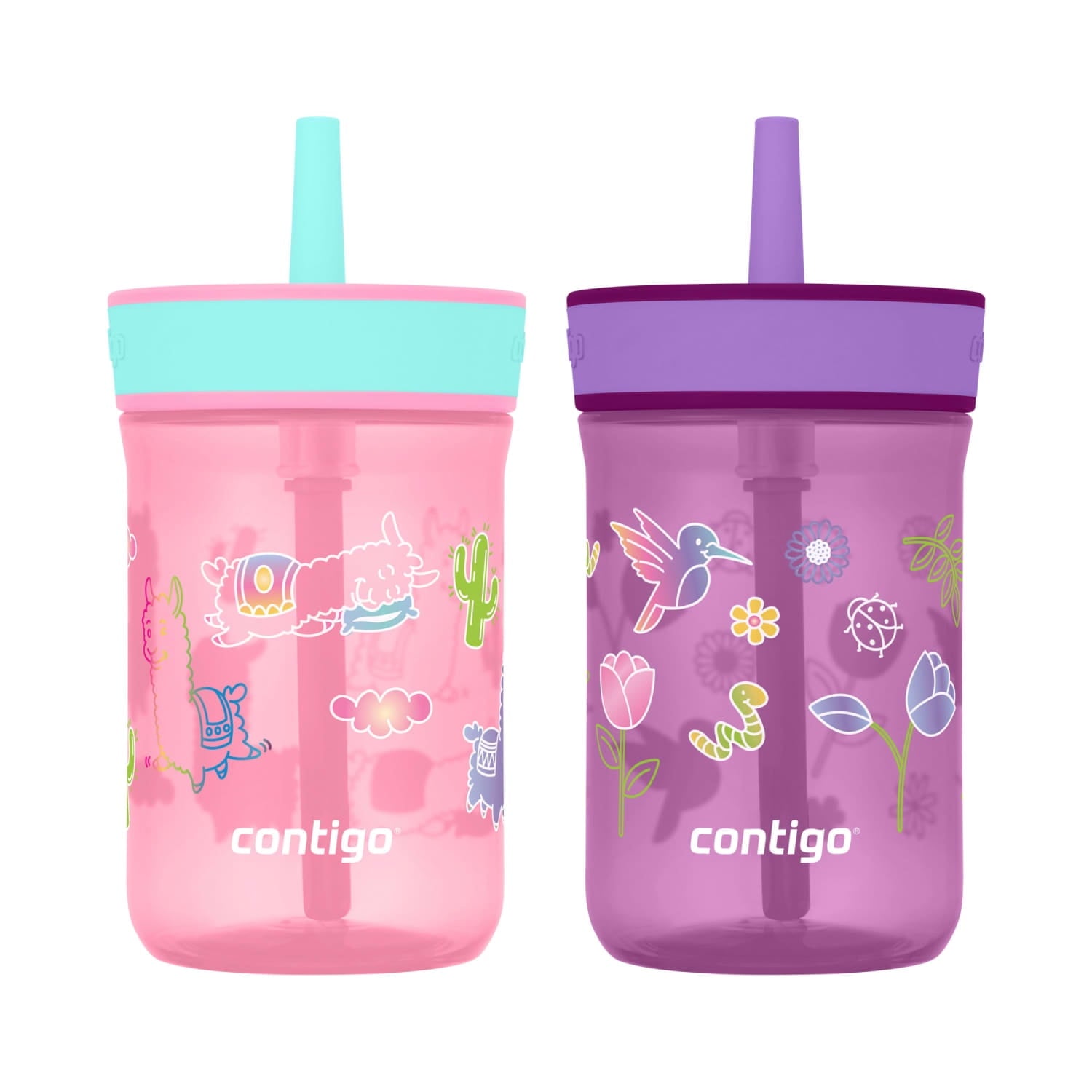 Contigo Kids Leighton Spill-Proof Tumbler with Straw, Ages 3+, Pink and Purple, 14 oz, 2 Pack - Pick 548
