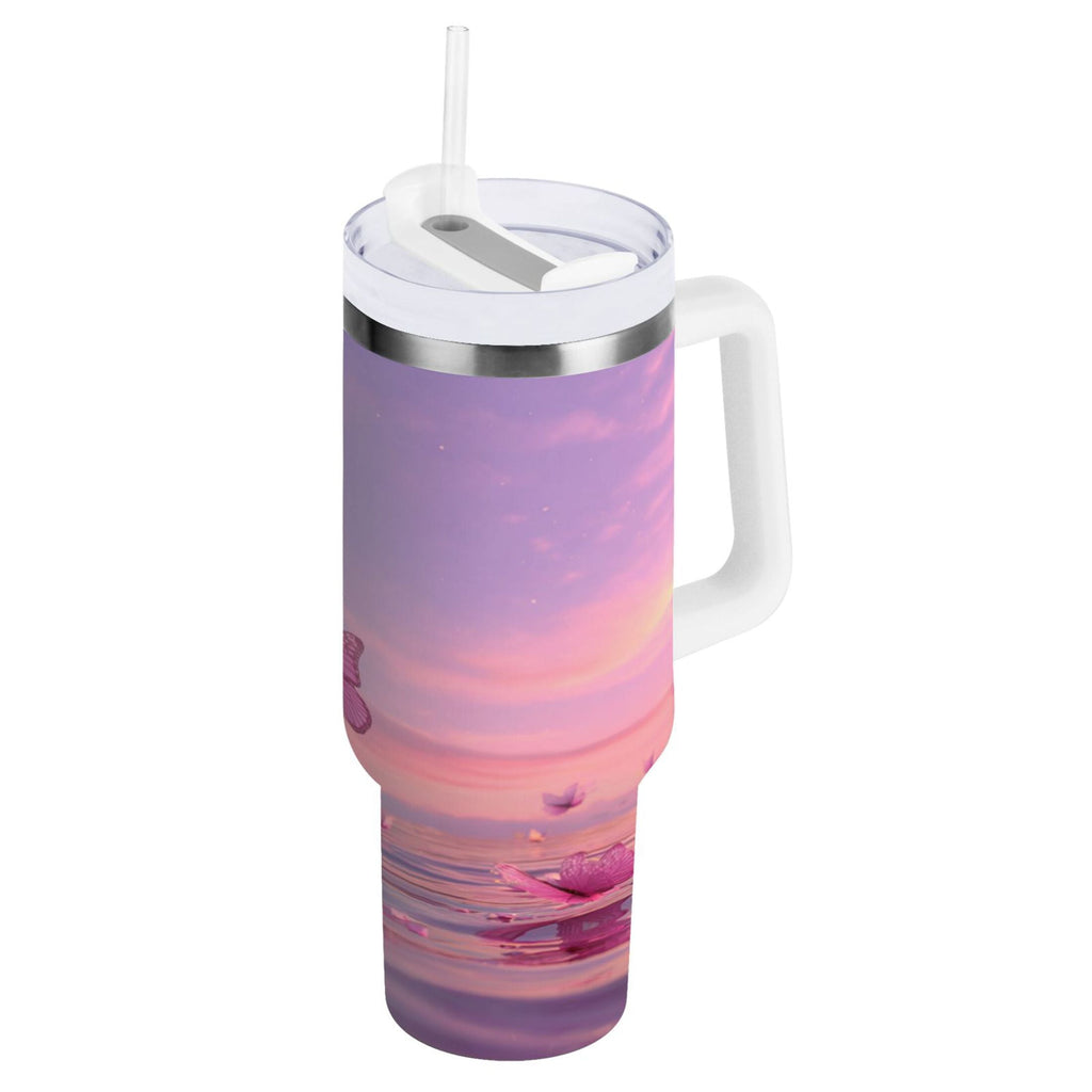 30 oz Insulated Stainless Steel Tumbler Double Wall Stainless Steel Tumbler with 2-Way Drinking Pink Butterflies Flying - Pick 369