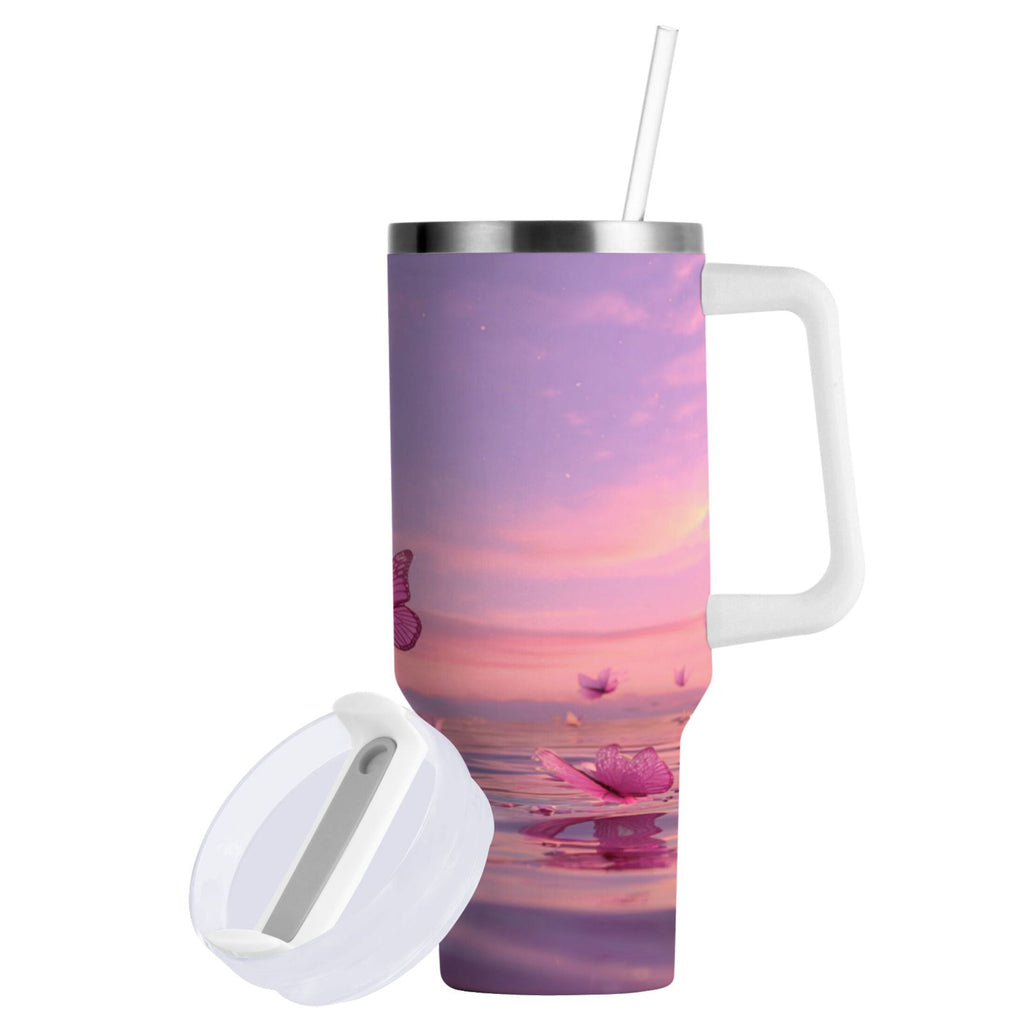30 oz Insulated Stainless Steel Tumbler Double Wall Stainless Steel Tumbler with 2-Way Drinking Pink Butterflies Flying - Pick 369