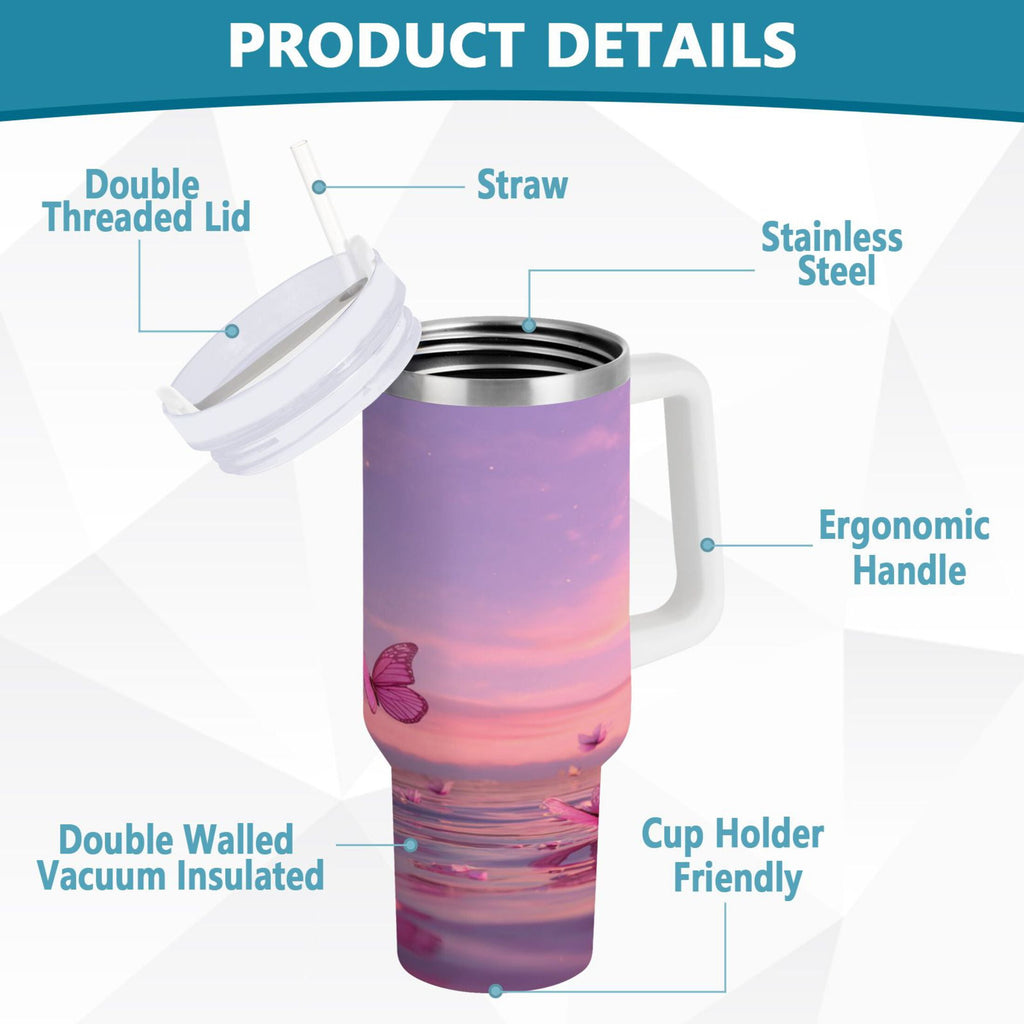 30 oz Insulated Stainless Steel Tumbler Double Wall Stainless Steel Tumbler with 2-Way Drinking Pink Butterflies Flying - Pick 369
