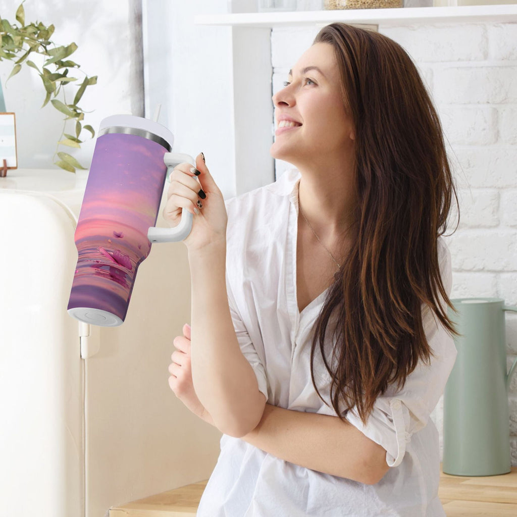 30 oz Insulated Stainless Steel Tumbler Double Wall Stainless Steel Tumbler with 2-Way Drinking Pink Butterflies Flying - Pick 369
