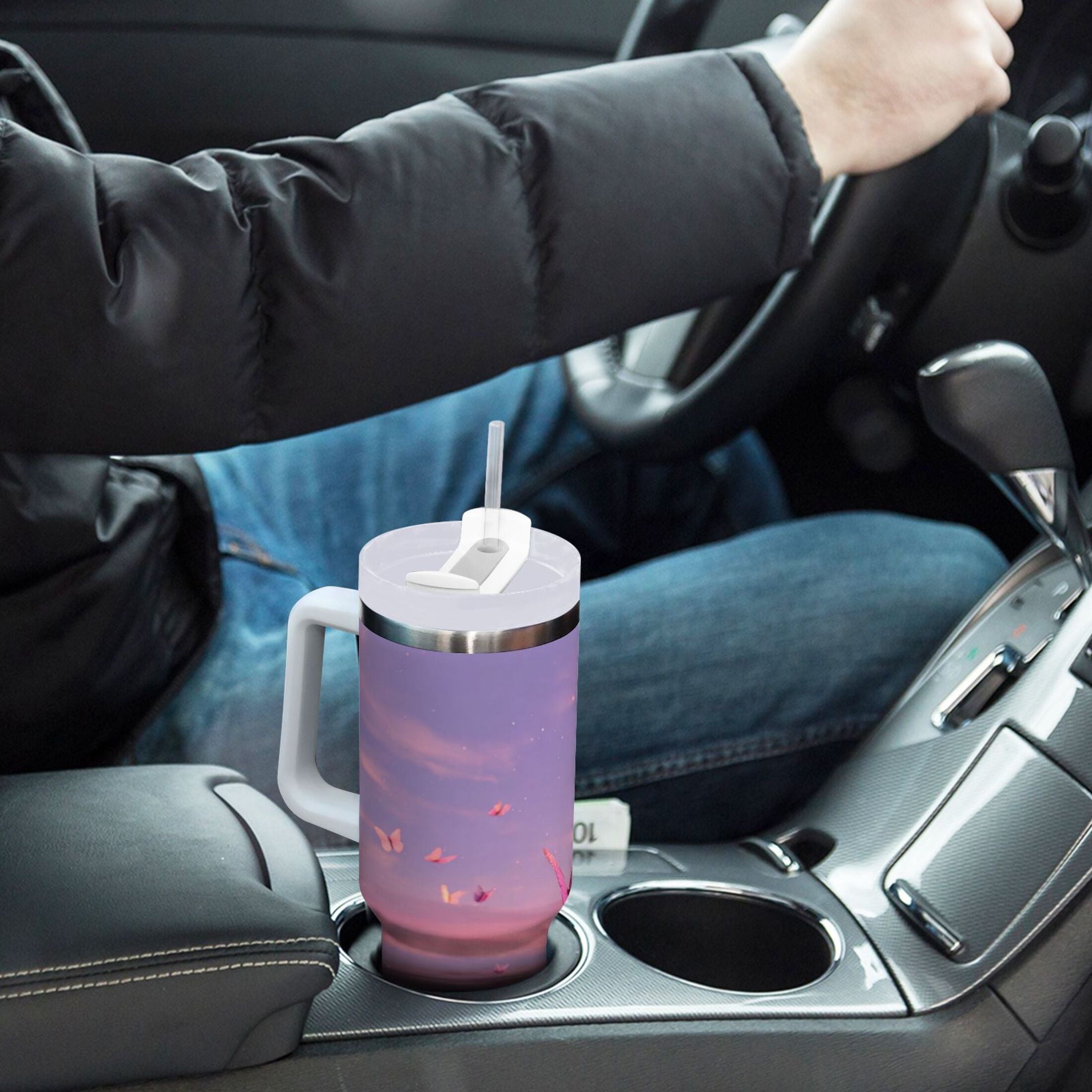 30 oz Insulated Stainless Steel Tumbler Double Wall Stainless Steel Tumbler with 2-Way Drinking Pink Butterflies Flying - Pick 369